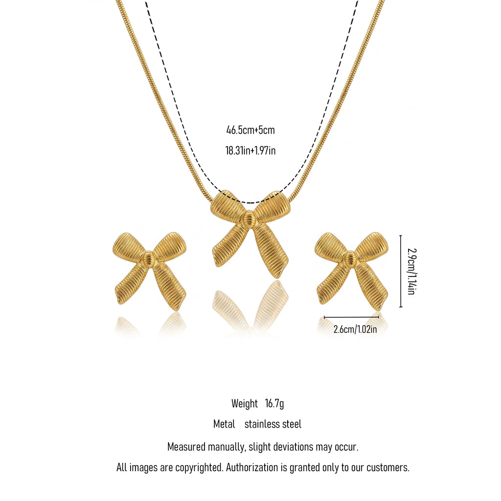 QIAOREN 11628 Romantic Textured Bow Jewelry Set 18K Gold Stainless Steel Necklace Earrings Valentine's Day Gift
