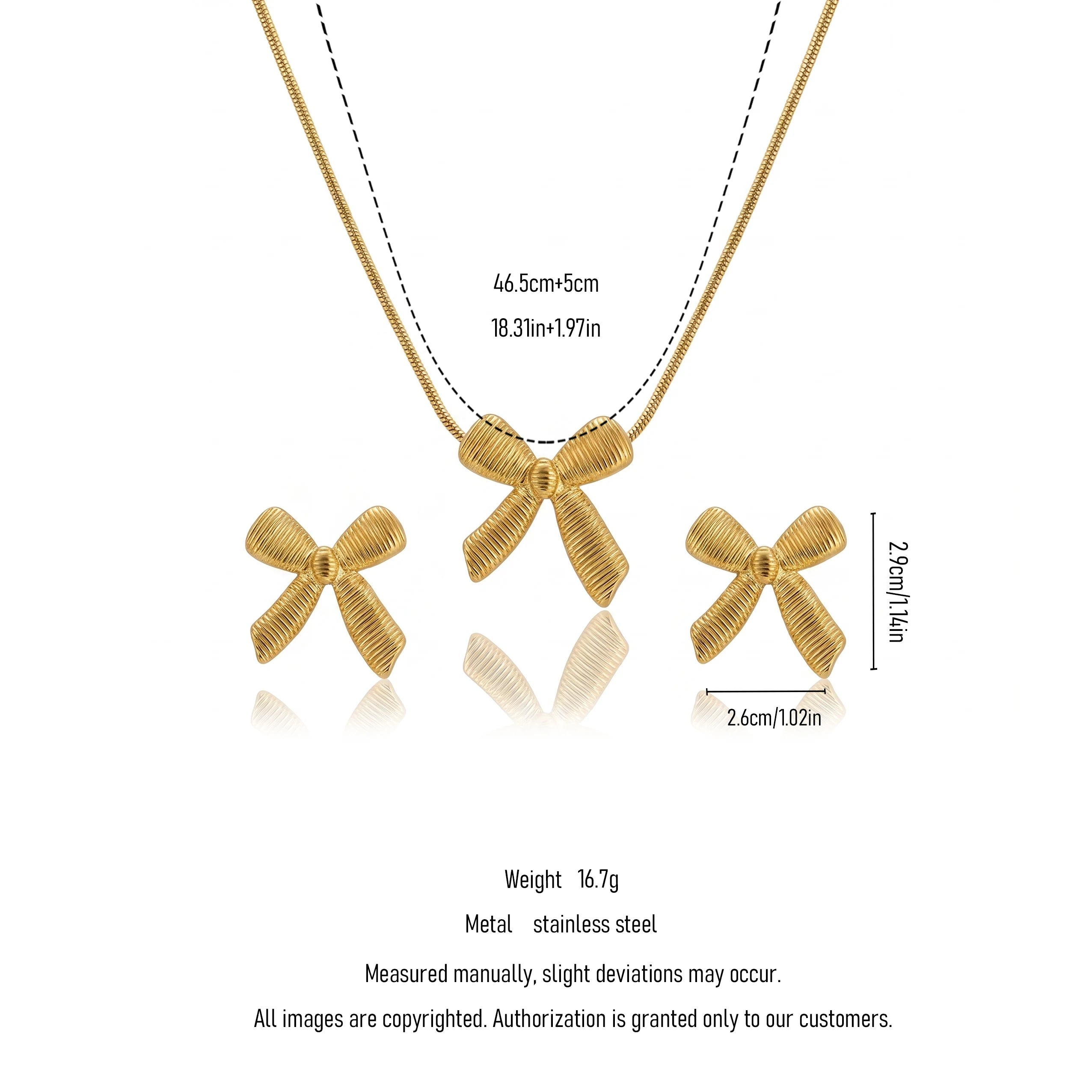 QIAOREN 11628 Romantic Textured Bow Jewelry Set 18K Gold Stainless Steel Necklace Earrings Valentine's Day Gift