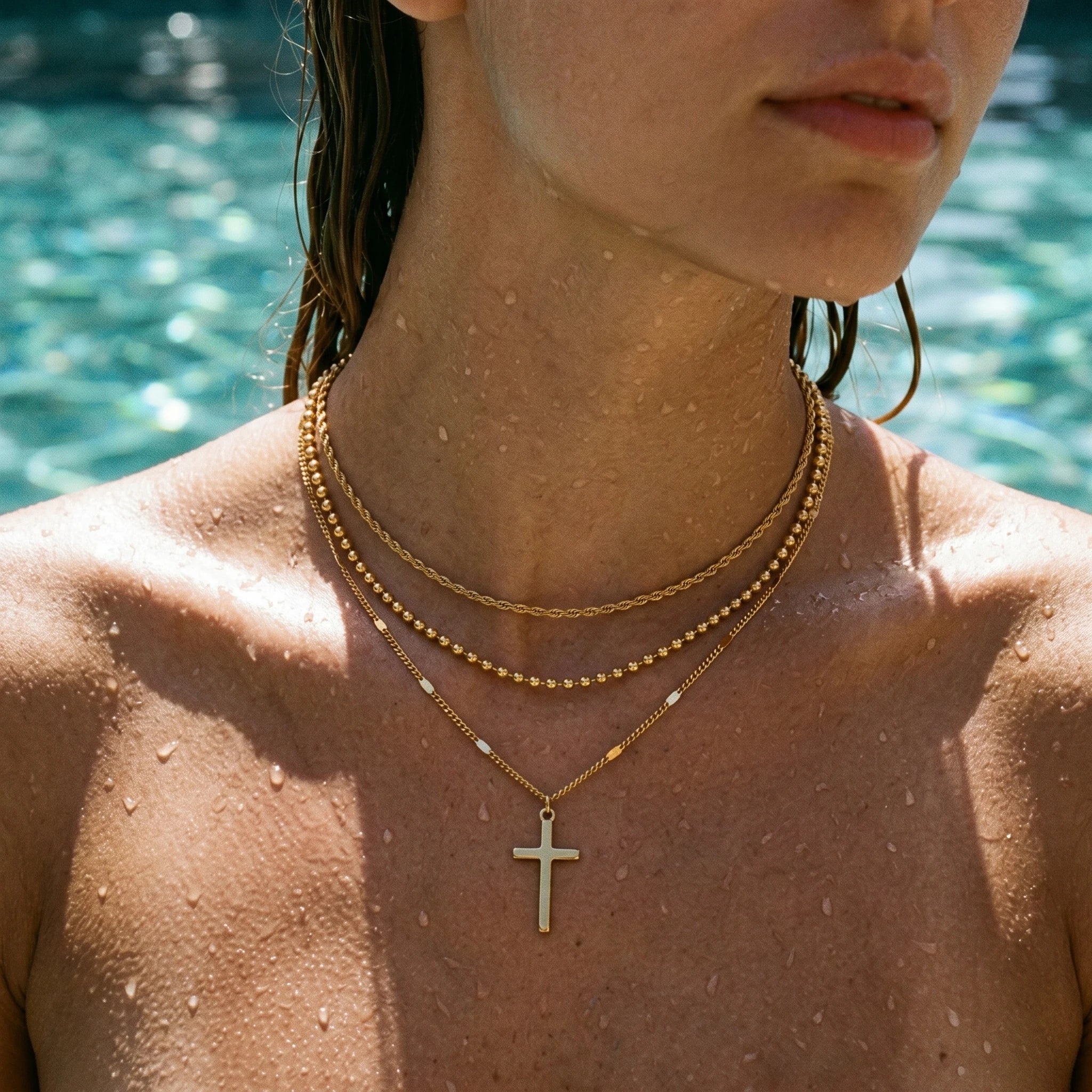 QIAOREN 10602 3 Layered Cross Pendant Necklace Link Chain 18K Gold Plated Stainless Steel Waterproof Tarnish Free Unisex Jewelry