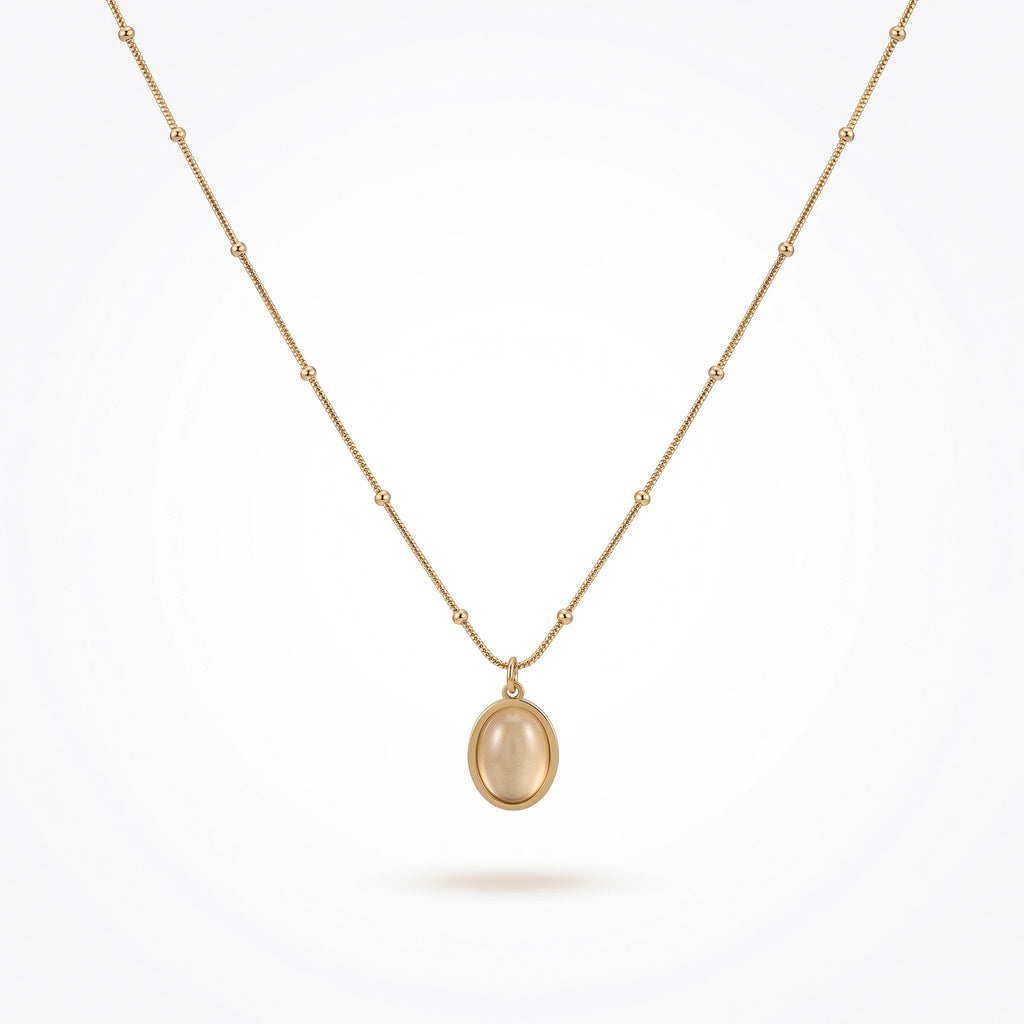 QIAOREN 13510 Dainty Beaded Snake Chain Oval Cream Cat Eye Pendant Necklace, Smooth Gold Frame Natural Stone Necklace