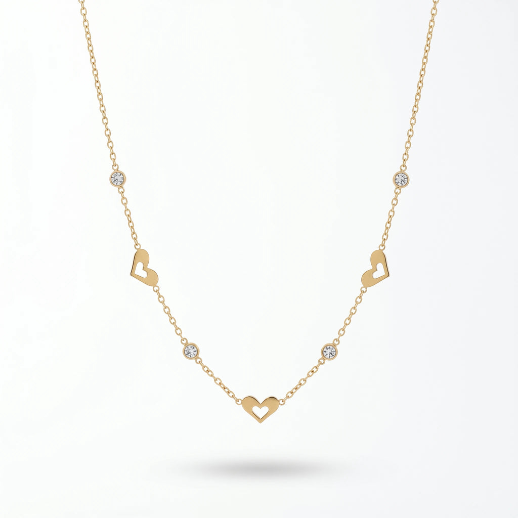 QIAOREN 13165 Gold Plated Open Heart Station Necklace Stainless Steel CZ Chain Necklace Dainty Layering Jewelry for Women