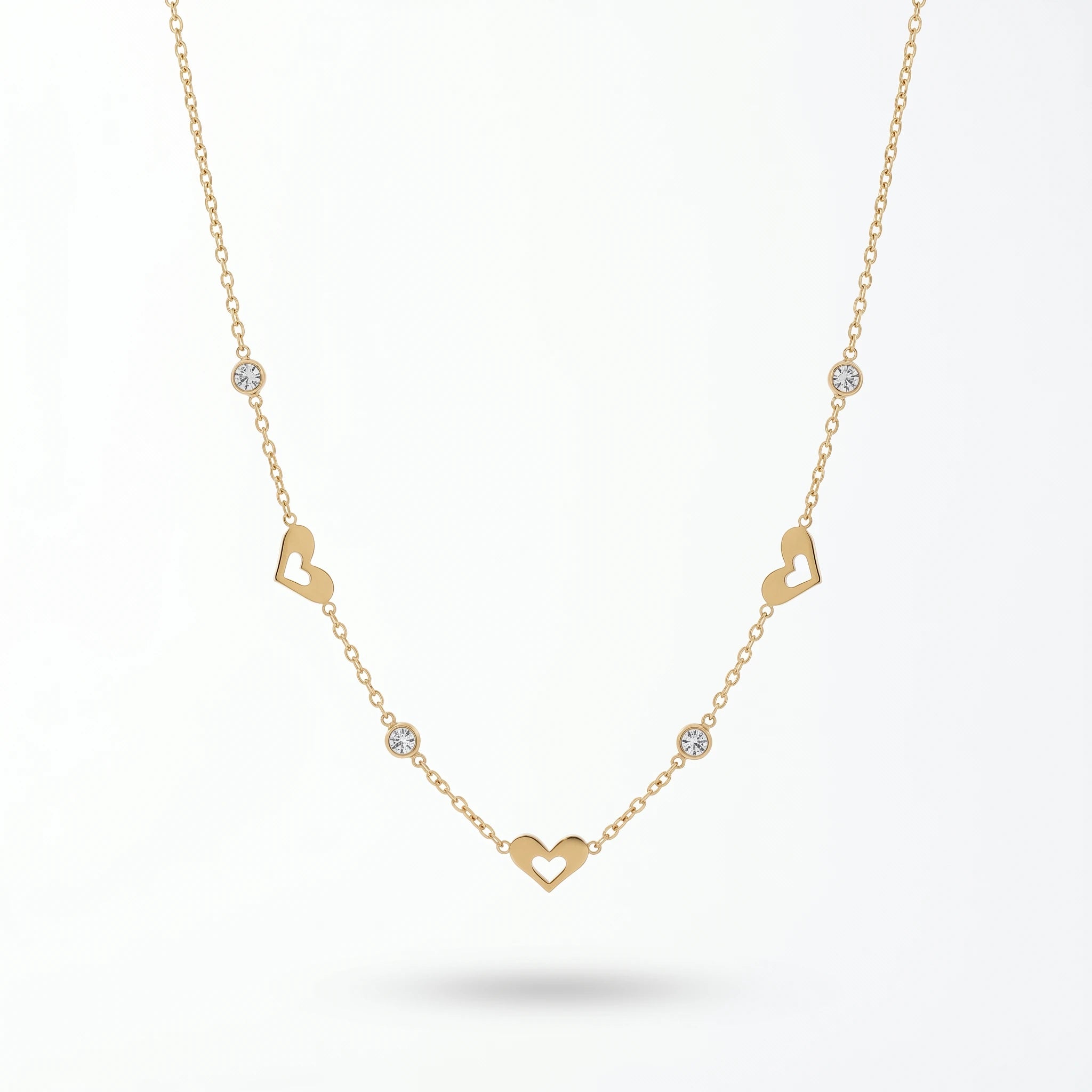 QIAOREN 13165 Gold Plated Open Heart Station Necklace Stainless Steel CZ Chain Necklace Dainty Layering Jewelry for Women