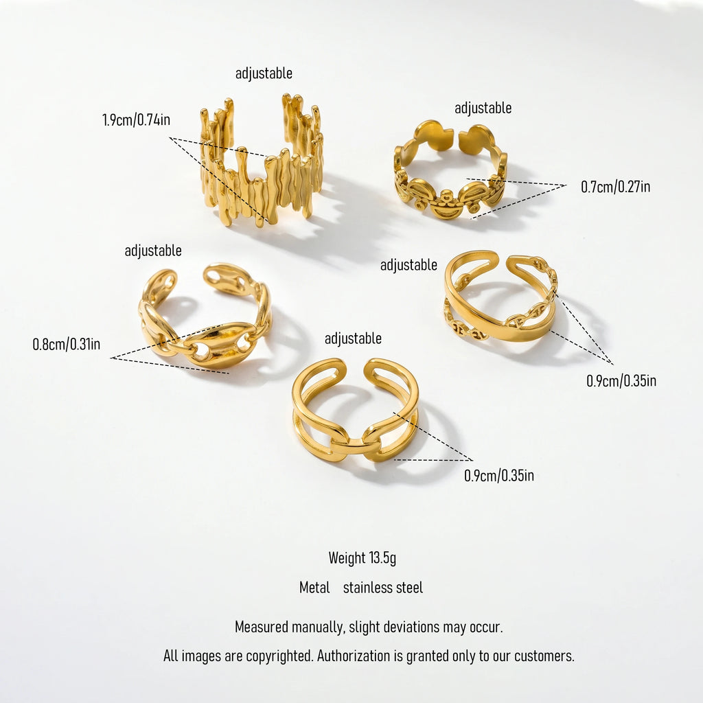 QIAOREN 5Pcs 18K Gold Plated Stainless Steel Open Ring Set, Adjustable Stackable Durable Finger Rings