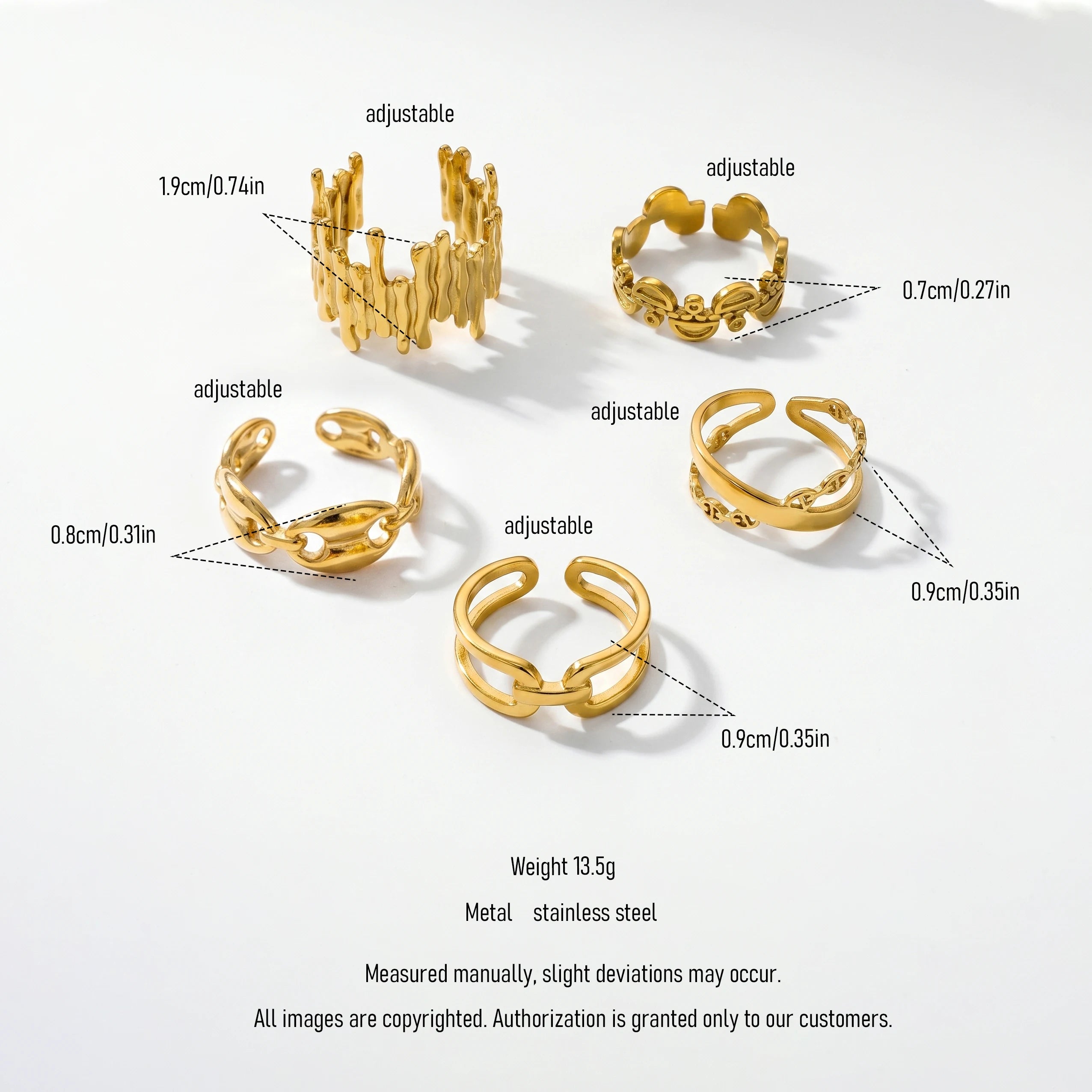 QIAOREN 5Pcs 18K Gold Plated Stainless Steel Open Ring Set, Adjustable Stackable Durable Finger Rings