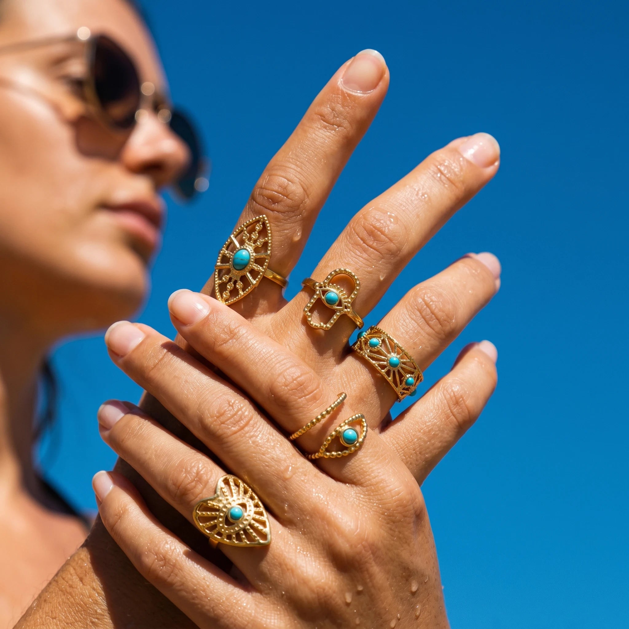 QIAOREN 13155-60 5Pcs Gold Turquoise Open Ring Set Boho Hollow Adjustable Stackable Stainless Steel Jewelry for Women