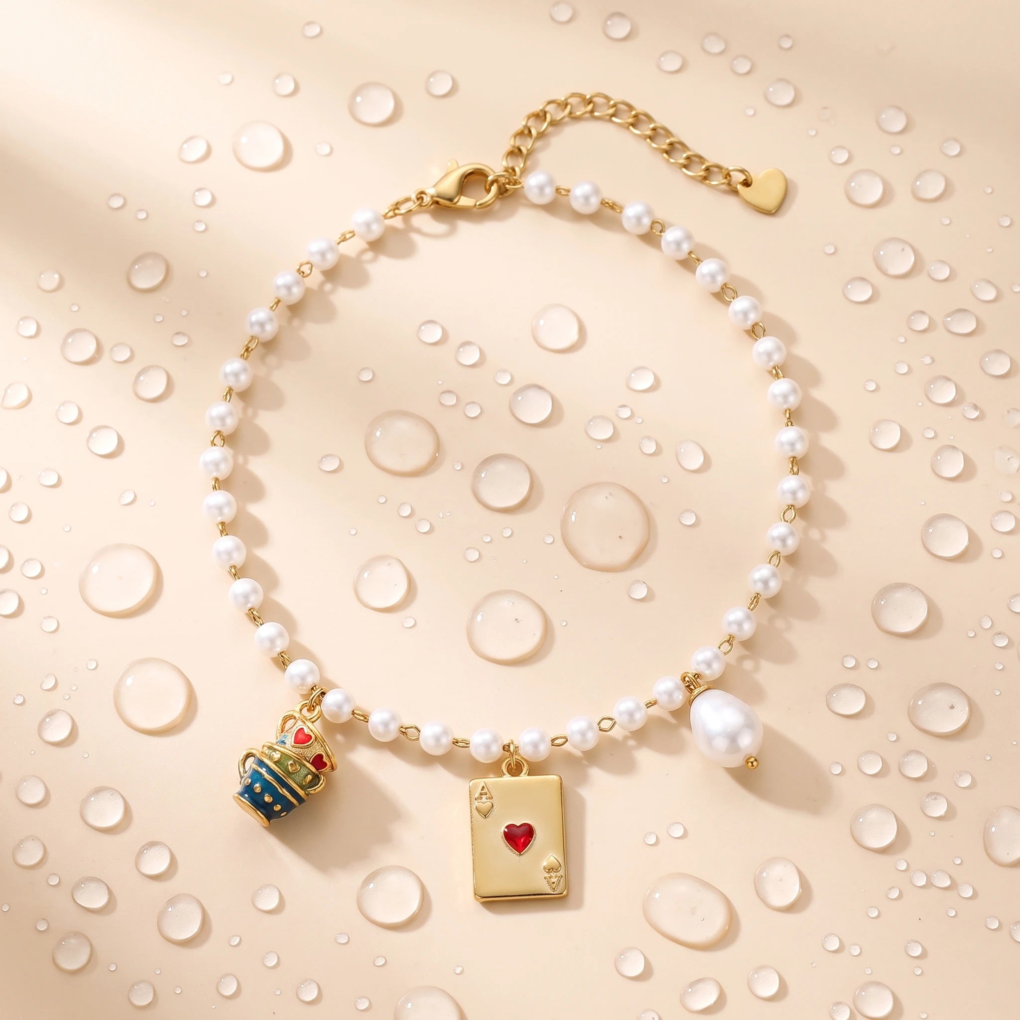QIAOREN 13320 Sweet Pearl Anklet with Ace Heart, Crown & Pearl Charms, Lucky Card Foot Jewelry Gift for Casual Daily Looks