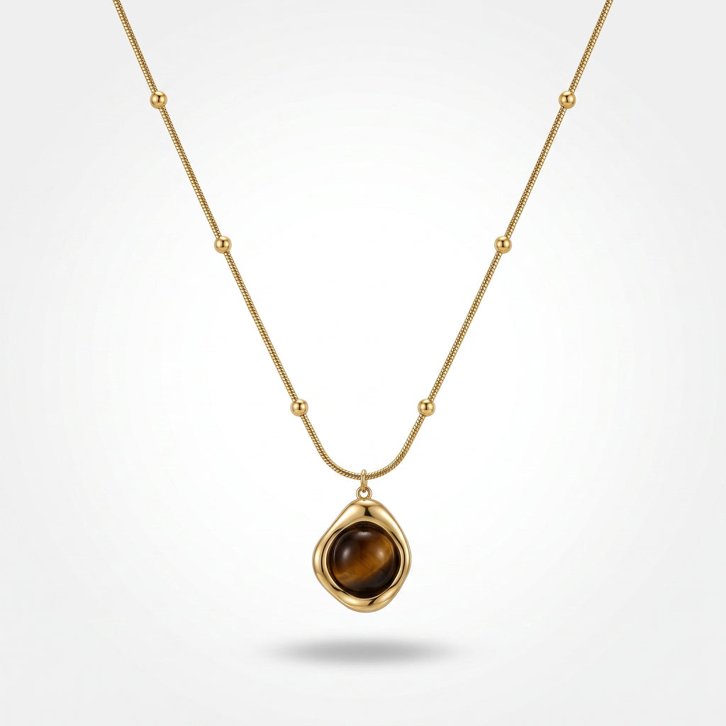 QIAOREN 13472 Vintage Tiger Eye Pendant Necklace with Beaded Snake Chain, Irregular Gold Frame Natural Stone Neck Jewelry Gift