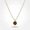 QIAOREN 13472 Vintage Tiger Eye Pendant Necklace with Beaded Snake Chain, Irregular Gold Frame Natural Stone Neck Jewelry Gift