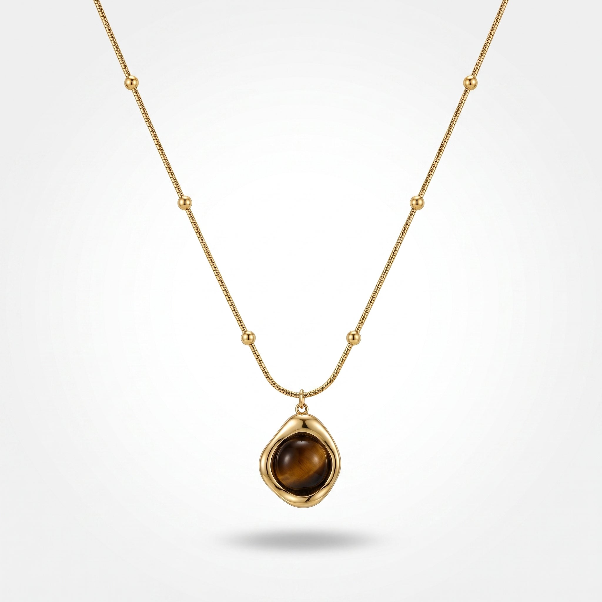 QIAOREN 13472 Vintage Tiger Eye Pendant Necklace with Beaded Snake Chain, Irregular Gold Frame Natural Stone Neck Jewelry Gift