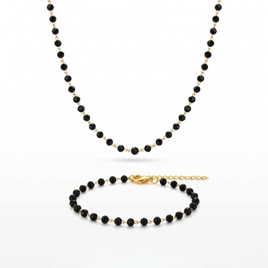 QIAOREN 10855 Stainless Steel Gold Plated Black Faceted Beaded Jewelry Set Necklace and Bracelet for Women Party