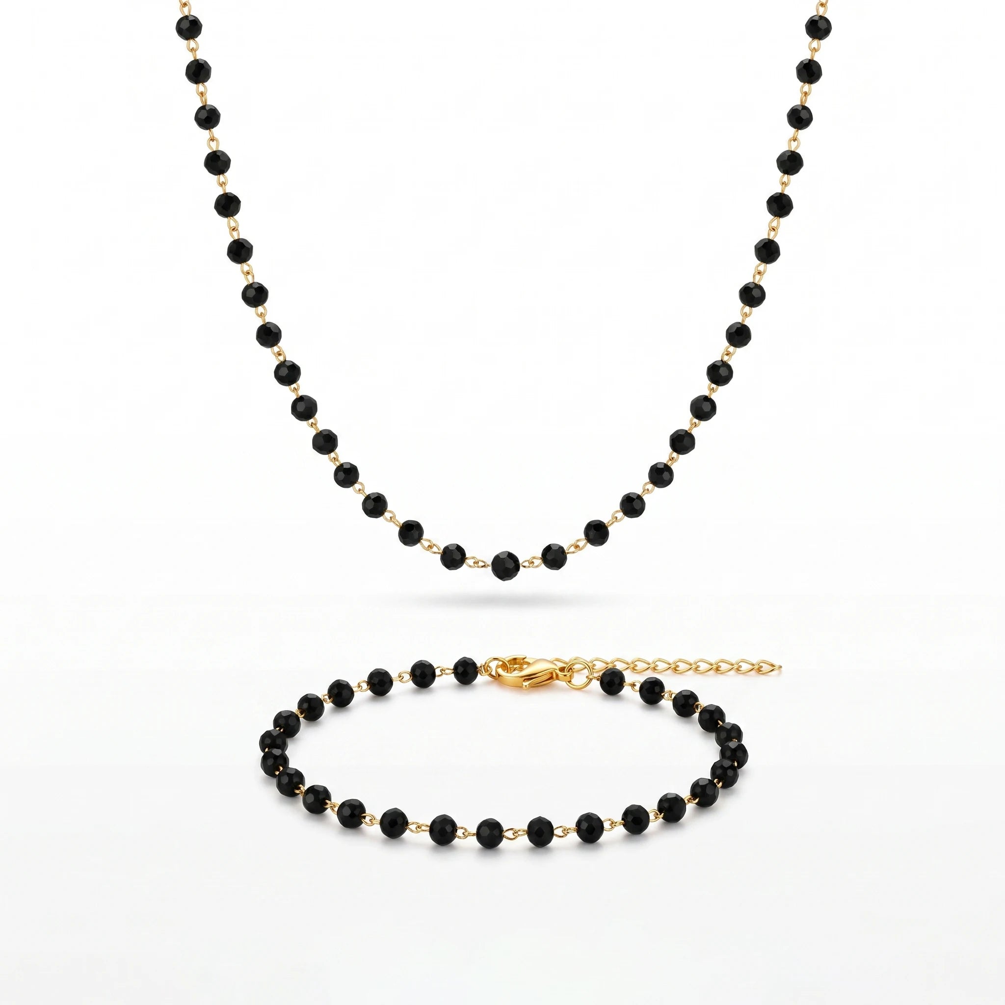 QIAOREN 10855 Stainless Steel Gold Plated Black Faceted Beaded Jewelry Set Necklace and Bracelet for Women Party