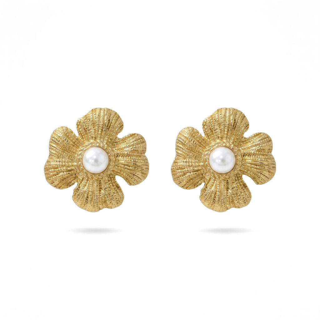 QIAOREN 12207  Gold Plated Stainless Steel Textured Five-Petal Flower Pearl Stud Earrings