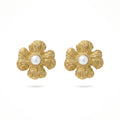 QIAOREN 12207  Gold Plated Stainless Steel Textured Five-Petal Flower Pearl Stud Earrings