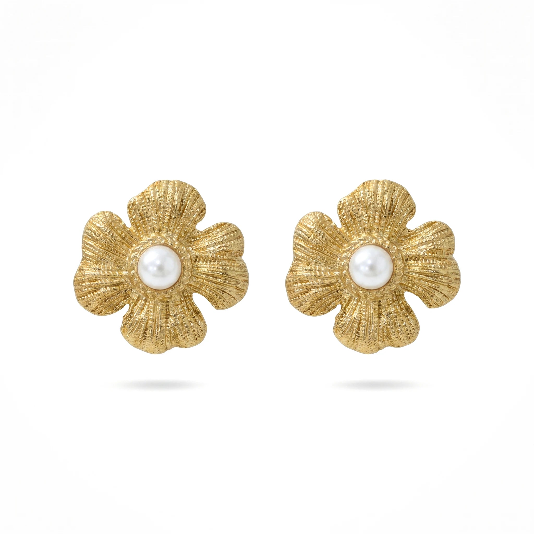 QIAOREN 12207  Gold Plated Stainless Steel Textured Five-Petal Flower Pearl Stud Earrings