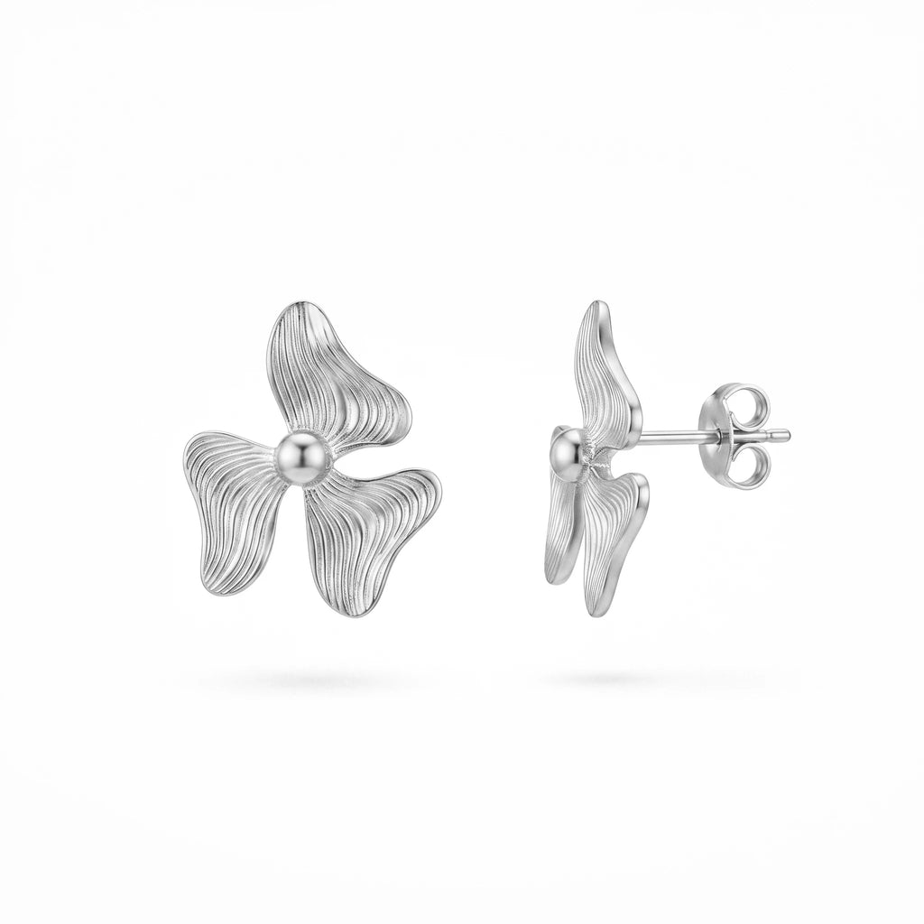QIAOREN 14015 Matte Gold Three Petal Textured Flower Stud Earrings with Round Ball Center