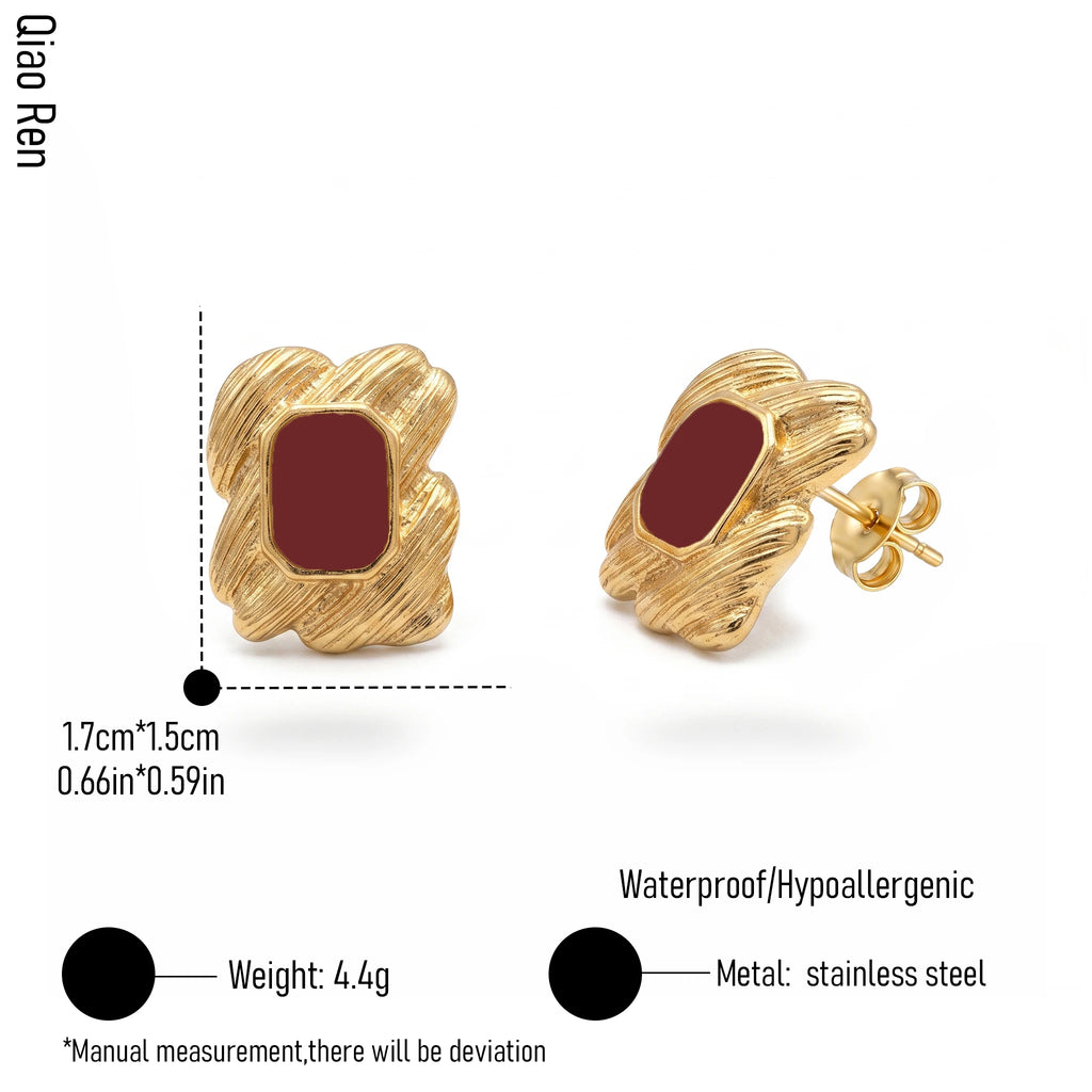 QIAOREN 14091-93 Stainless Steel Textured Stud Earrings Vintage Gold Red Enamel Waterproof Hypoallergenic Jewelry OEM ODM