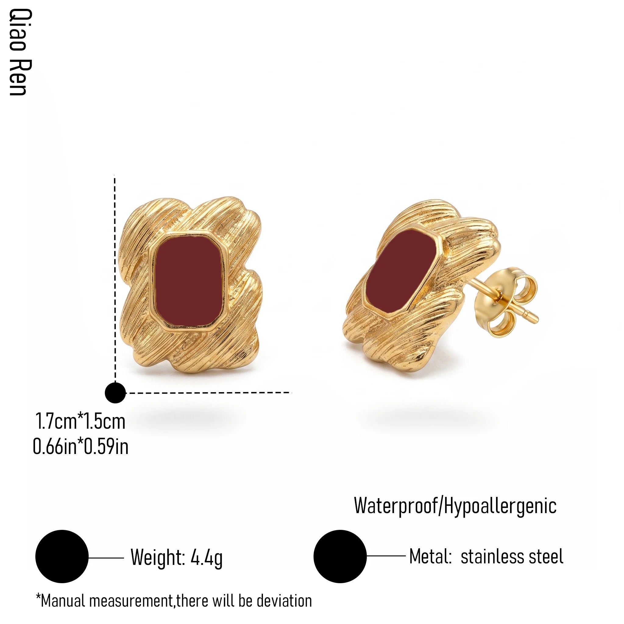 QIAOREN 14091-93 Stainless Steel Textured Stud Earrings Vintage Gold Red Enamel Waterproof Hypoallergenic Jewelry OEM ODM