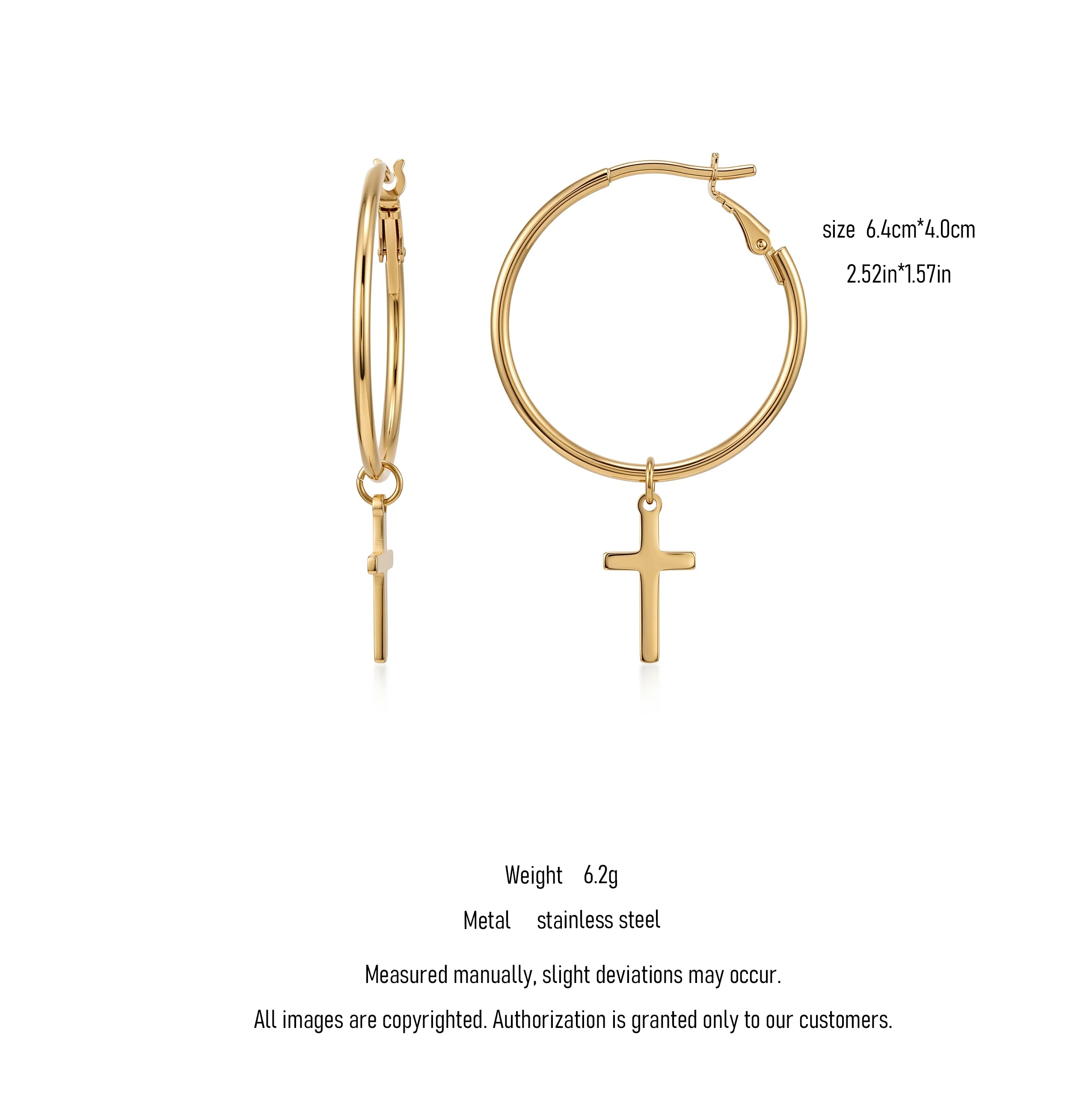 QIAOREN 10907 Women's Boho Style Cross Charm Hoop Earrings 18K Gold Plated Stainless Steel 0.3mm Thickness Beach Vacation Summer