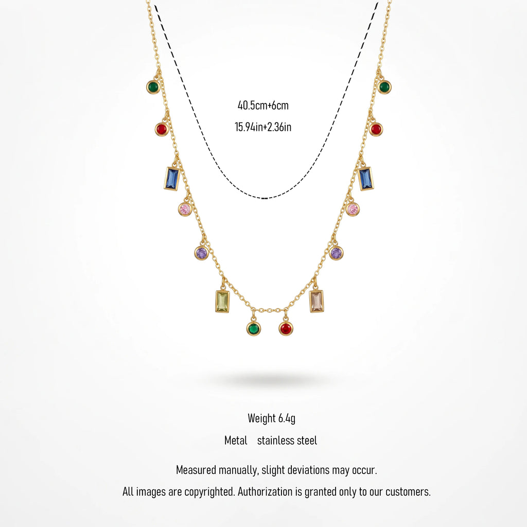 QIAOREN 13500 Rainbow Multi Shape Crystal Drop Station Necklace with Random Mixed Color Bead Charms Dangle Thin Chain Necklace