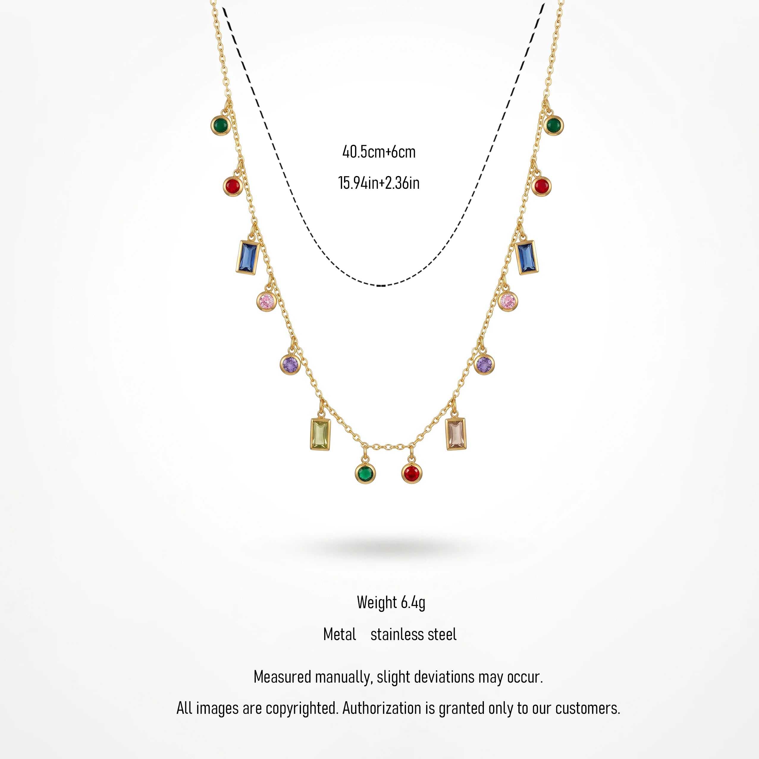 QIAOREN 13500 Rainbow Multi Shape Crystal Drop Station Necklace with Random Mixed Color Bead Charms Dangle Thin Chain Necklace