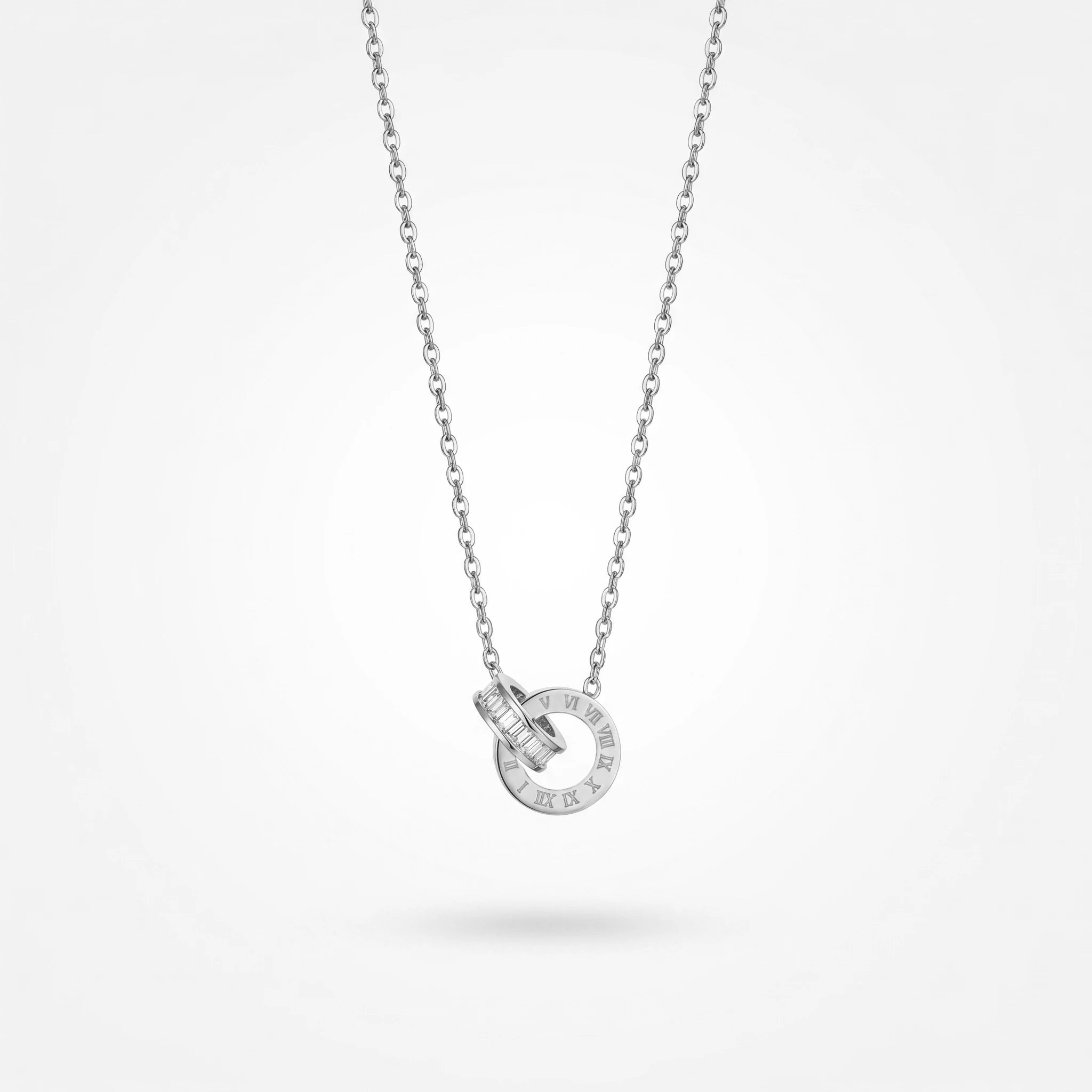 QIAOREN 13175 Stainless Steel Roman Numeral Interlocking Ring Pendant Necklace Gold Plated Minimalist Circle Jewelry for Women