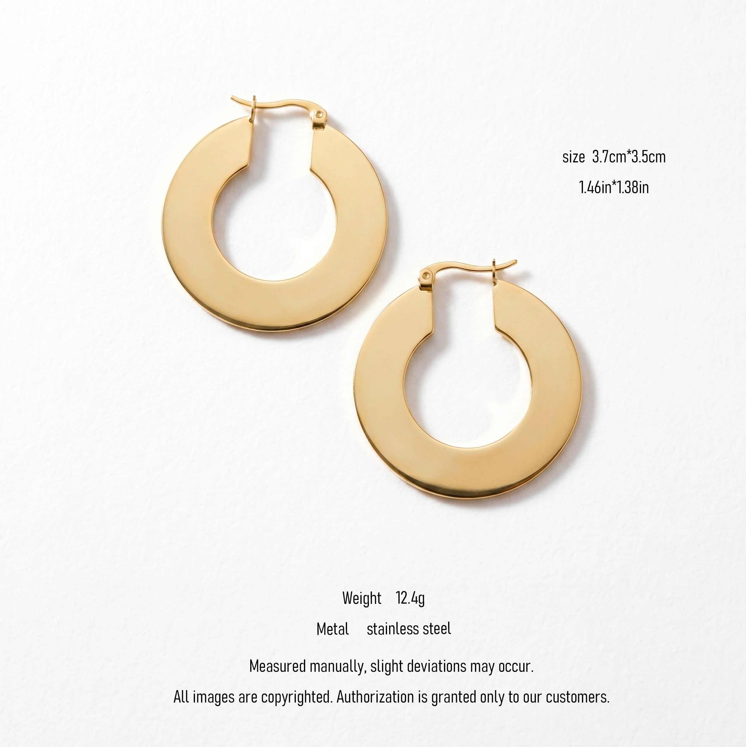 QIAOREN 10911 Polished Wide Flat Hoop Earrings Stainless Steel Hypoallergenic 18K Gold Plated Trendy Geometric for Women