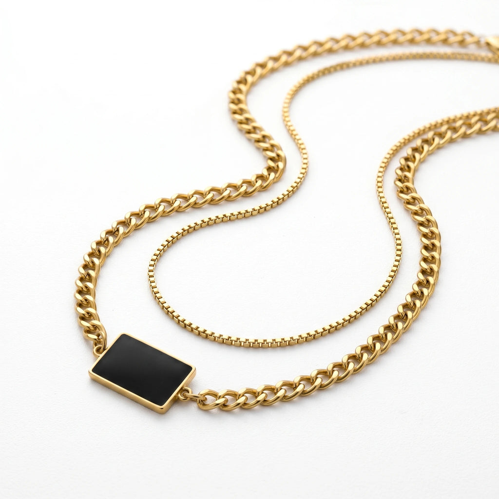 QIAOREN 11778 Minimalist Dual Layer Black Rectangular Pendant Necklace Gold Stainless Steel Curb Box Chain Jewelry for Western