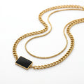 QIAOREN 11778 Minimalist Dual Layer Black Rectangular Pendant Necklace Gold Stainless Steel Curb Box Chain Jewelry for Western