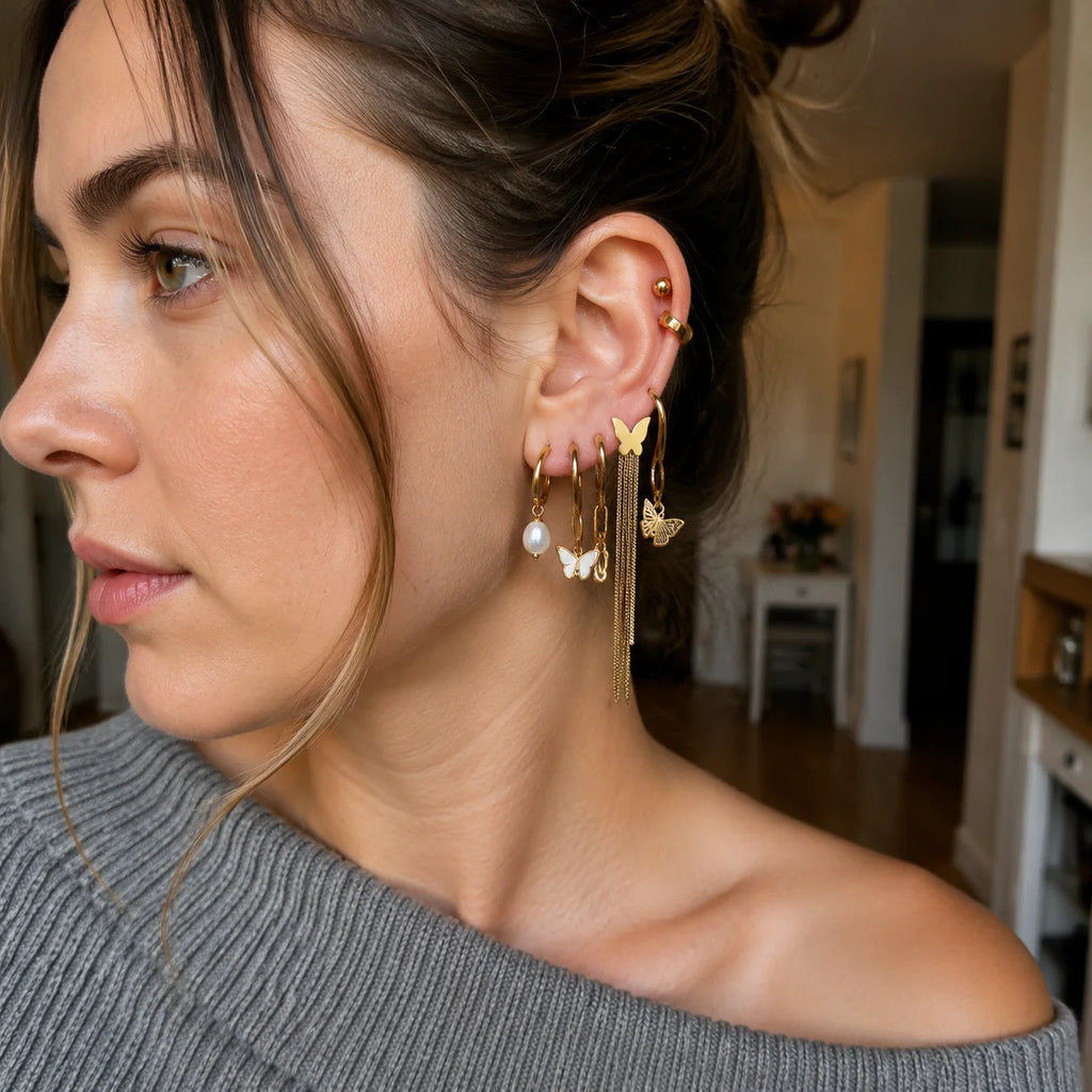 QIAOREN 14489 Butterfly Tassel Stainless Steel Shell Butterfly Drop Earrings Set, Gold Multi Style Earring Pack Jewelry Gift