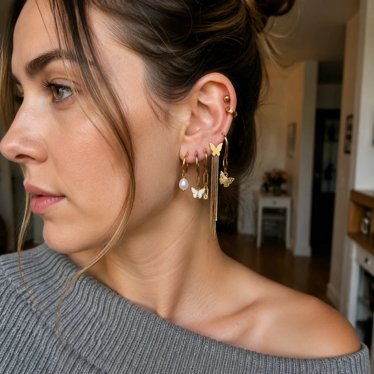 QIAOREN 14489 Butterfly Tassel Stainless Steel Shell Butterfly Drop Earrings Set, Gold Multi Style Earring Pack Jewelry Gift