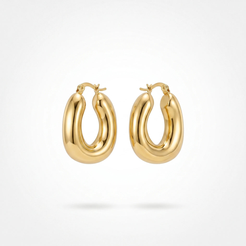 QIAOREN12453Glossy Solid Gold Oval Chunky Hoop Earrings Waterproof Stainless Steel Hoops Hypoallergenic Minimalist Daily Jewelry