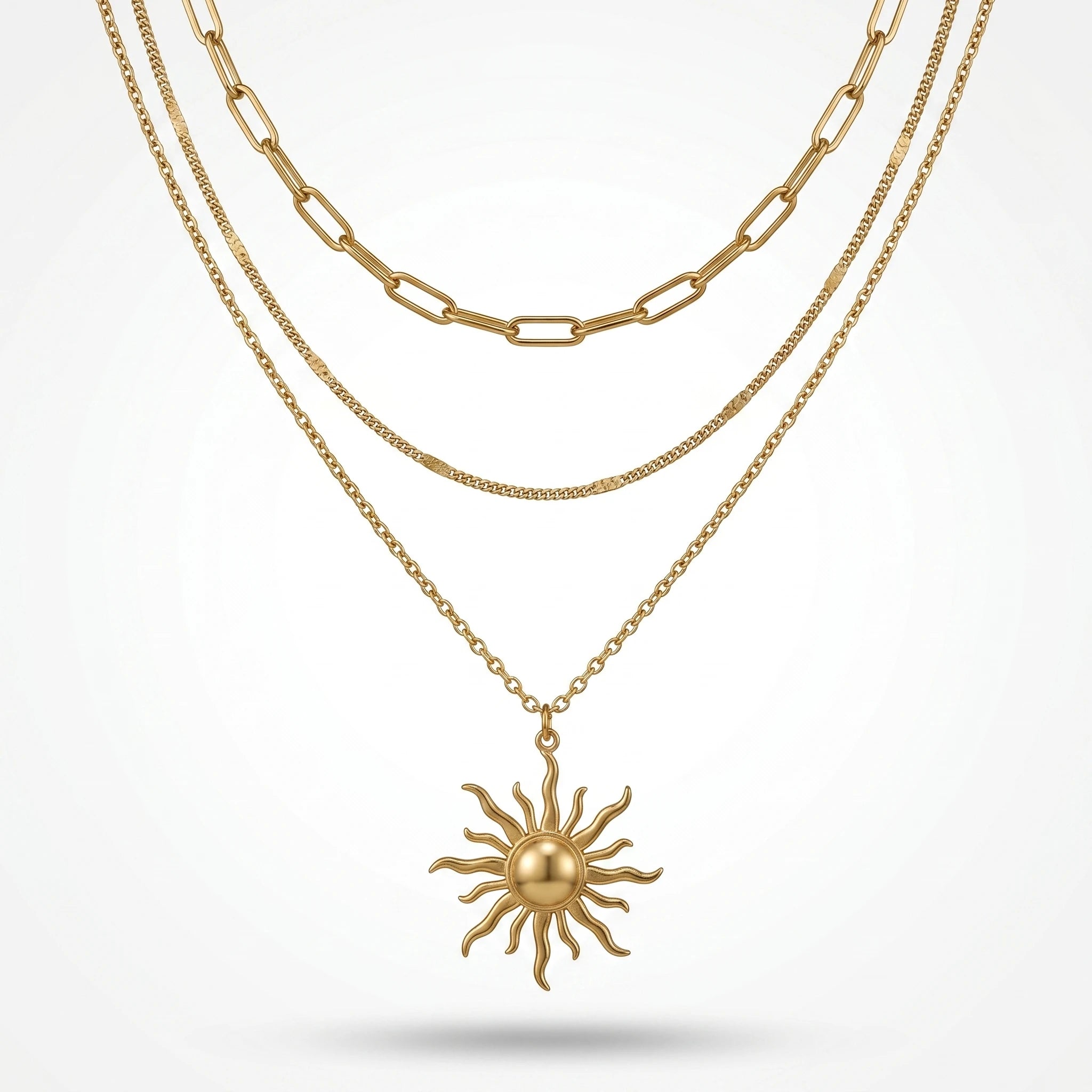 QIAOREN 10666 Ladies' Stainless Steel Necklace Pendant Gold-Plated Trendy Sun Pattern Multi-layer Geometric Link Design Inspired