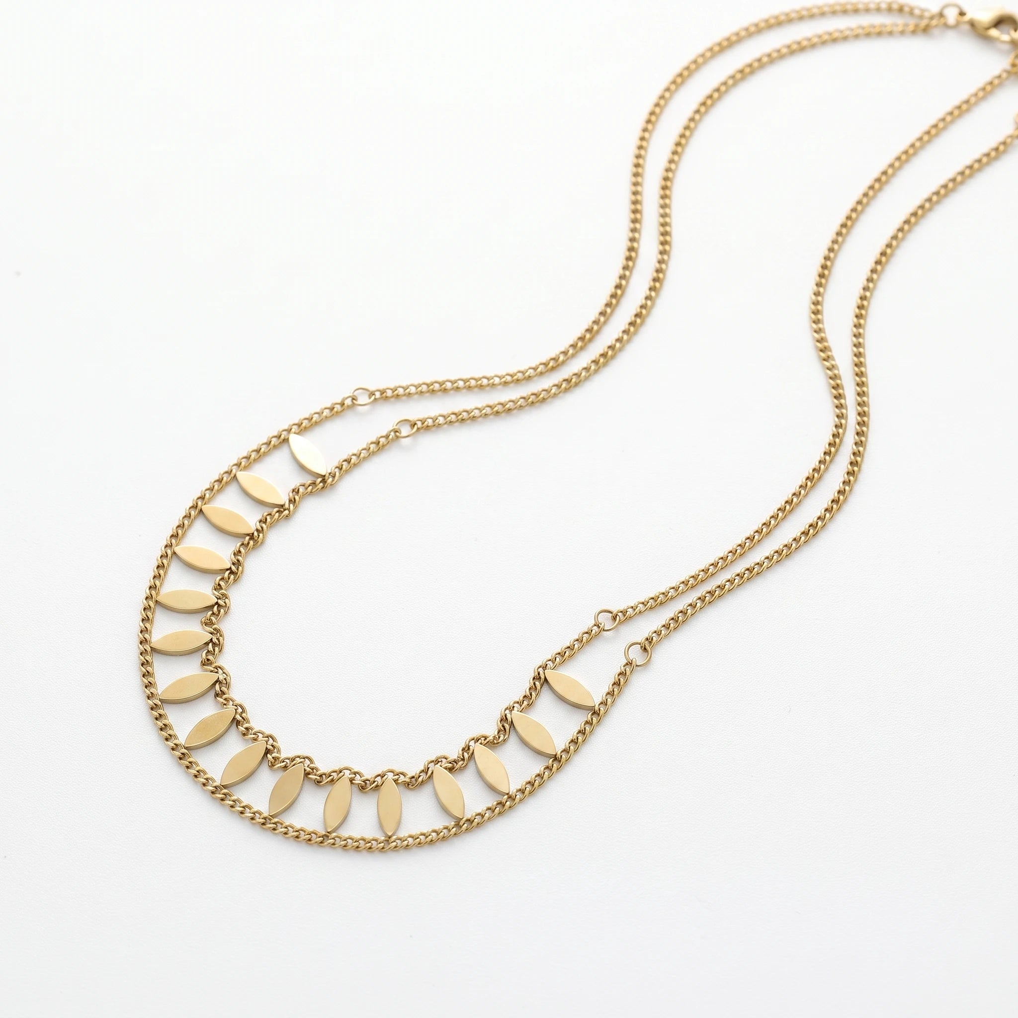 QIAOREN 13935 Double Layer Curb Chain Necklace with Marquise Leaf Shape Dangling Slice Charms, Polished Gold Stackable Leaf