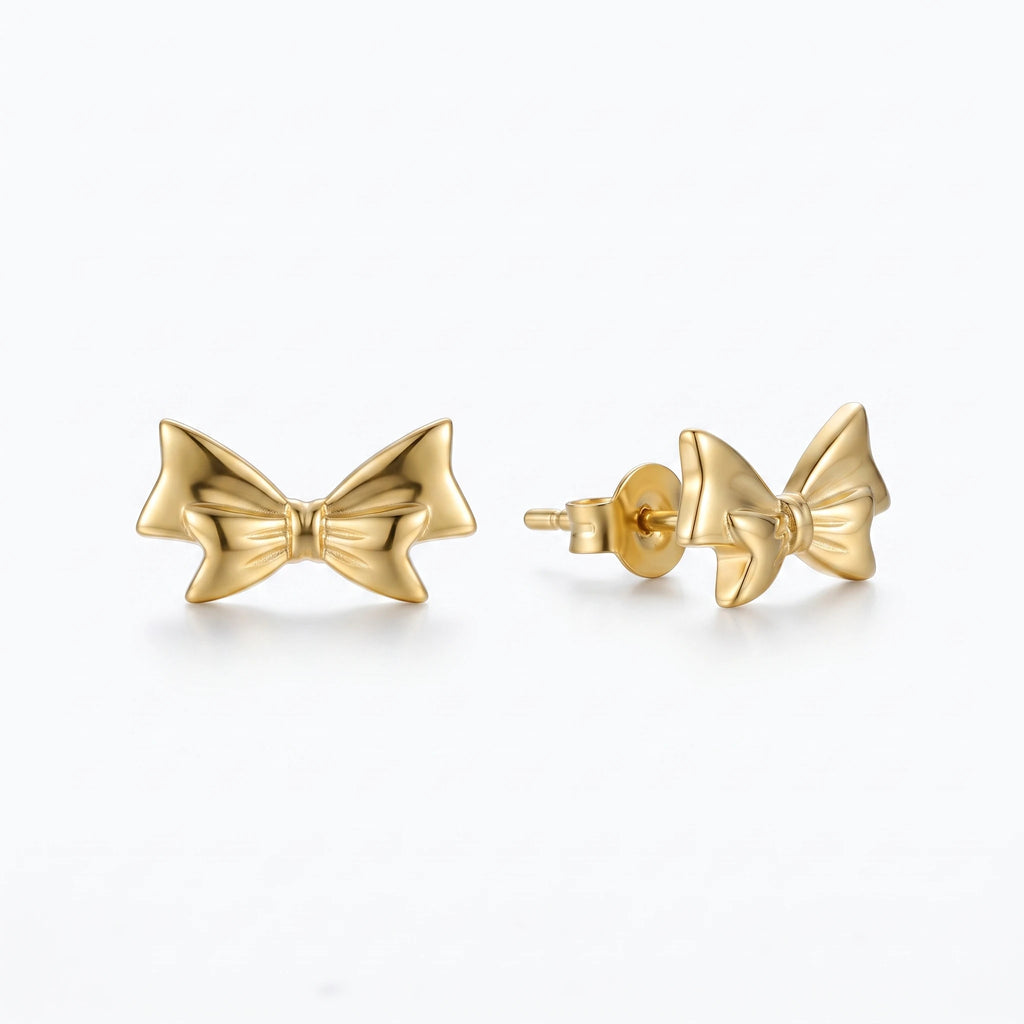 QIAOREN 14037 Polished Gold 3D Bow Knot Stud Earrings, Classic Smooth Ribbon Bow Ear Stud Jewelry Gift for Women