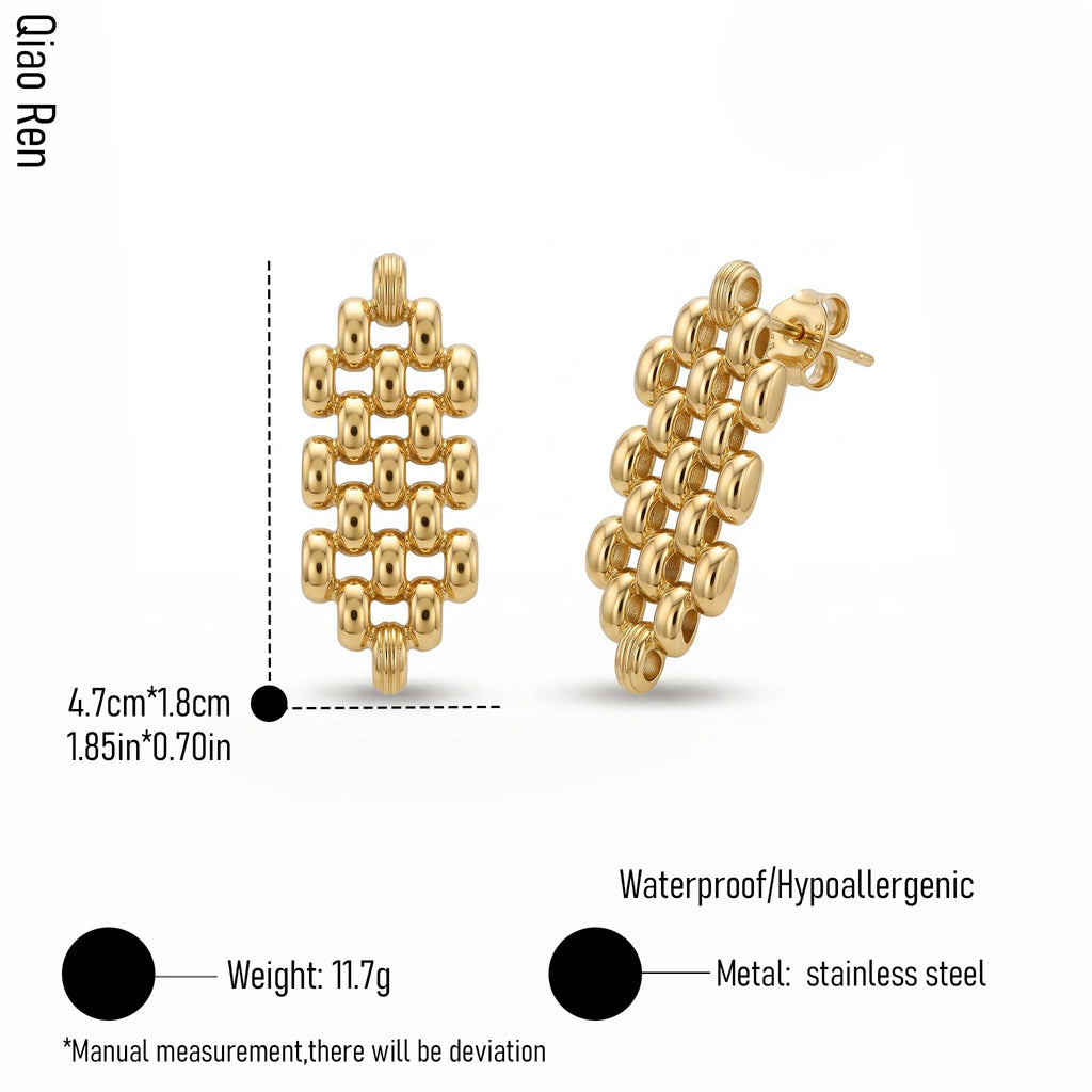 QIAOREN 14053 Polished Gold Rhombus Grid Beaded Stud Earrings, Oval Link Mesh Rectangle Frame Ear Stud Jewelry Gift