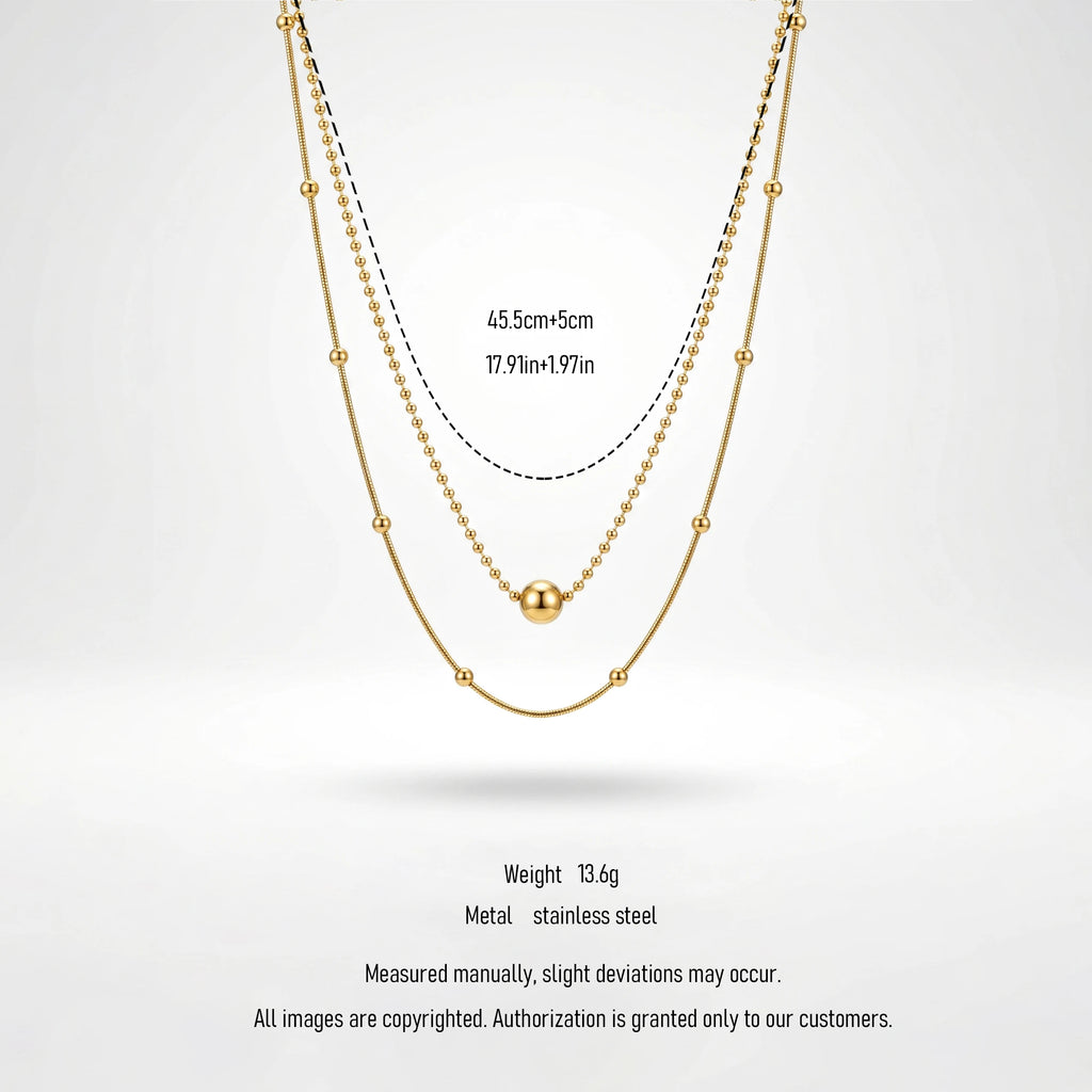 QIAOREN 11899 Minimalist Double Layer Beaded Snake Chain Necklace 18K Gold Stainless Steel Ball Pendant Daily Layering Jewelry