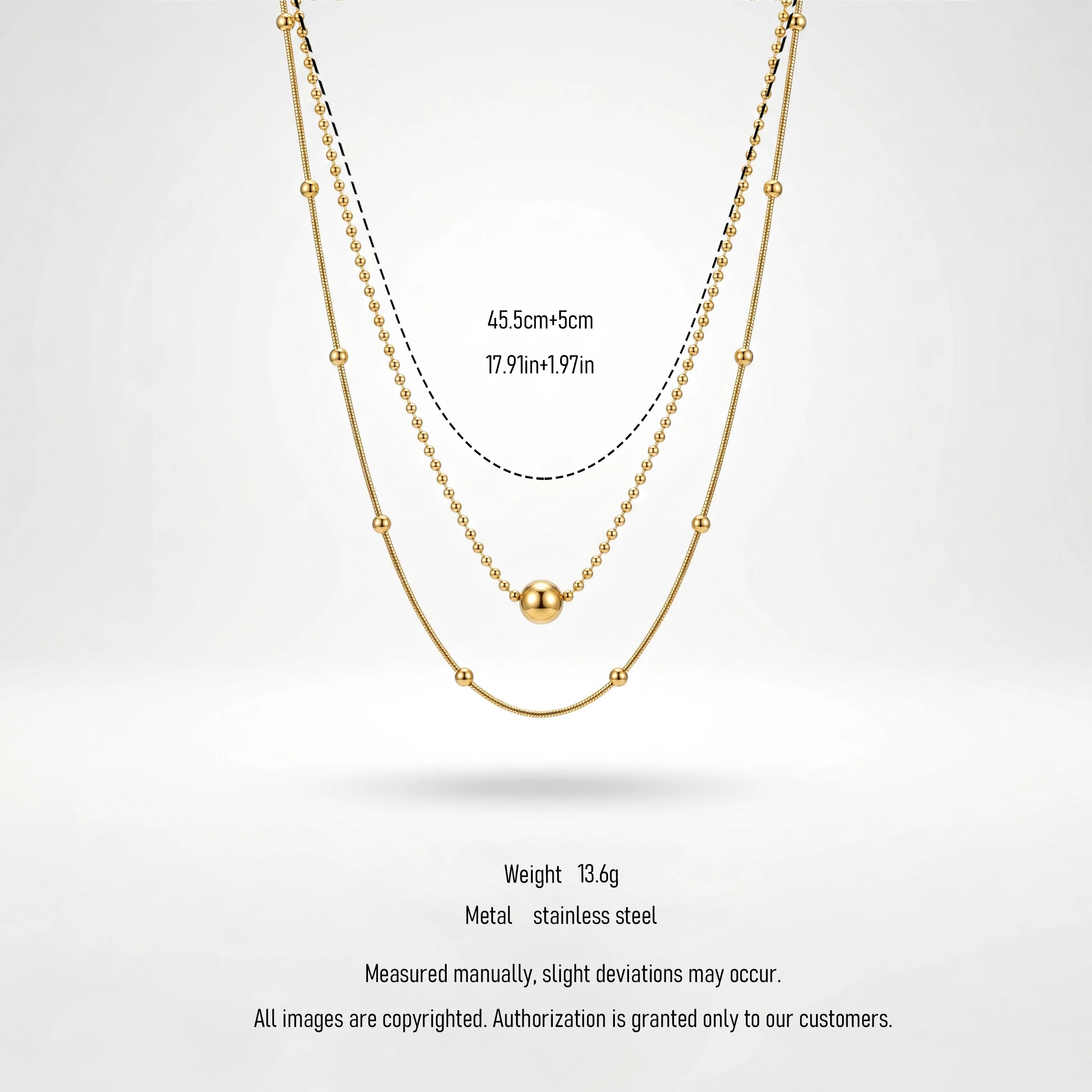 QIAOREN 11899 Minimalist Double Layer Beaded Snake Chain Necklace 18K Gold Stainless Steel Ball Pendant Daily Layering Jewelry