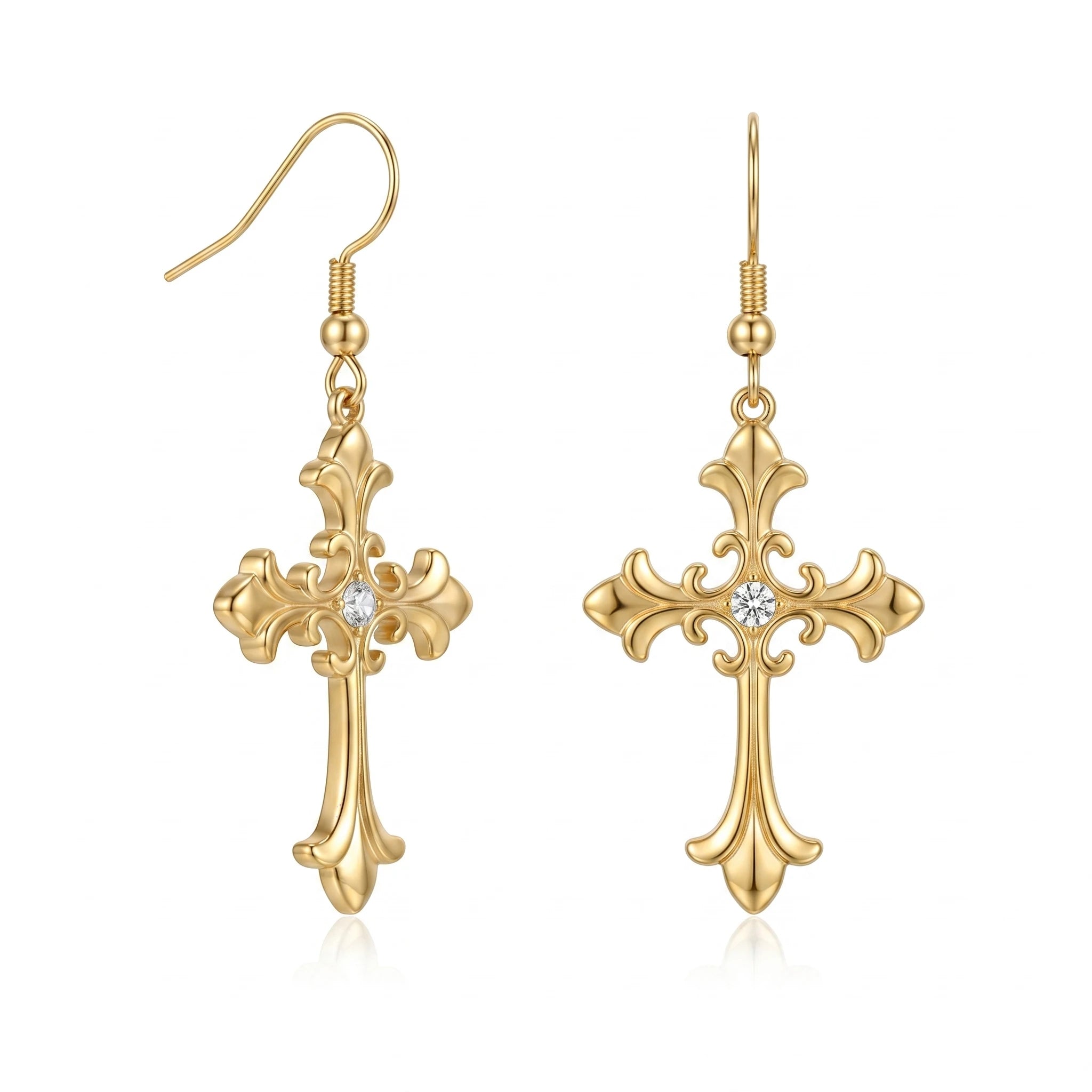 QIAOREN 10829 18K Gold Plated Stainless Steel Ornate Cross Earrings with CZ for Women