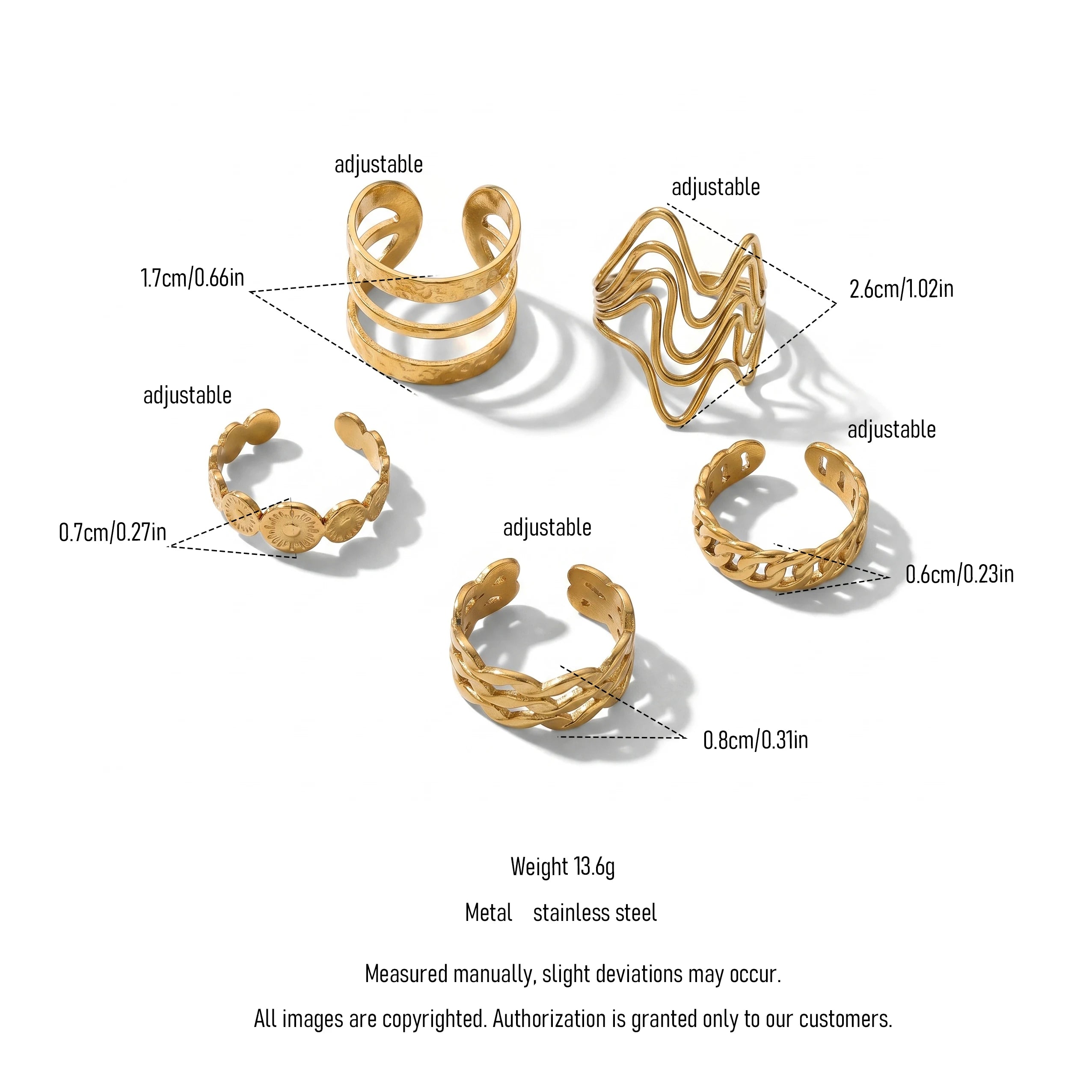QIAOREN 13106-10 5Pcs 18K Gold Plated Stainless Steel Open Ring Set, Adjustable Stackable Durable Finger Rings