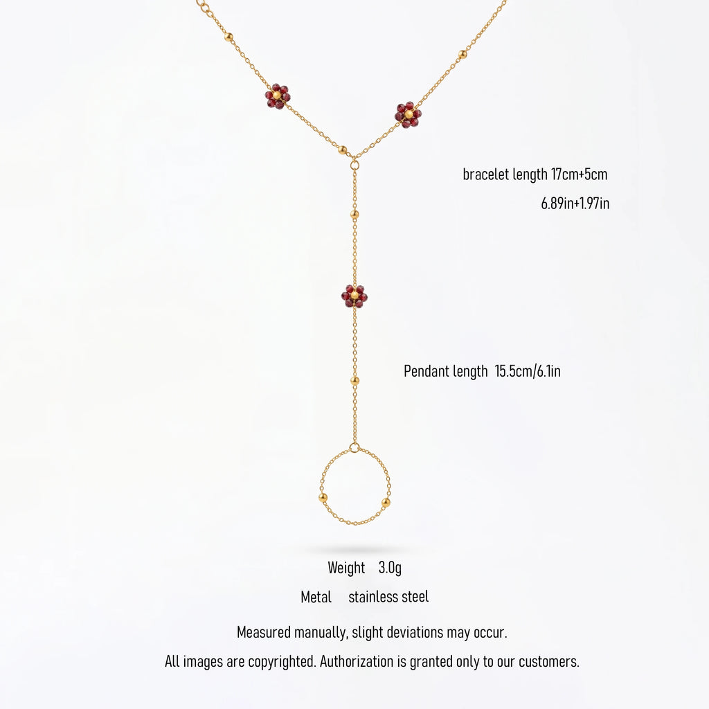 QIAOREN 10763 Dainty Red Beaded Flower Stainless Steel Finger Chain Bracelet Hand Chain for Summer