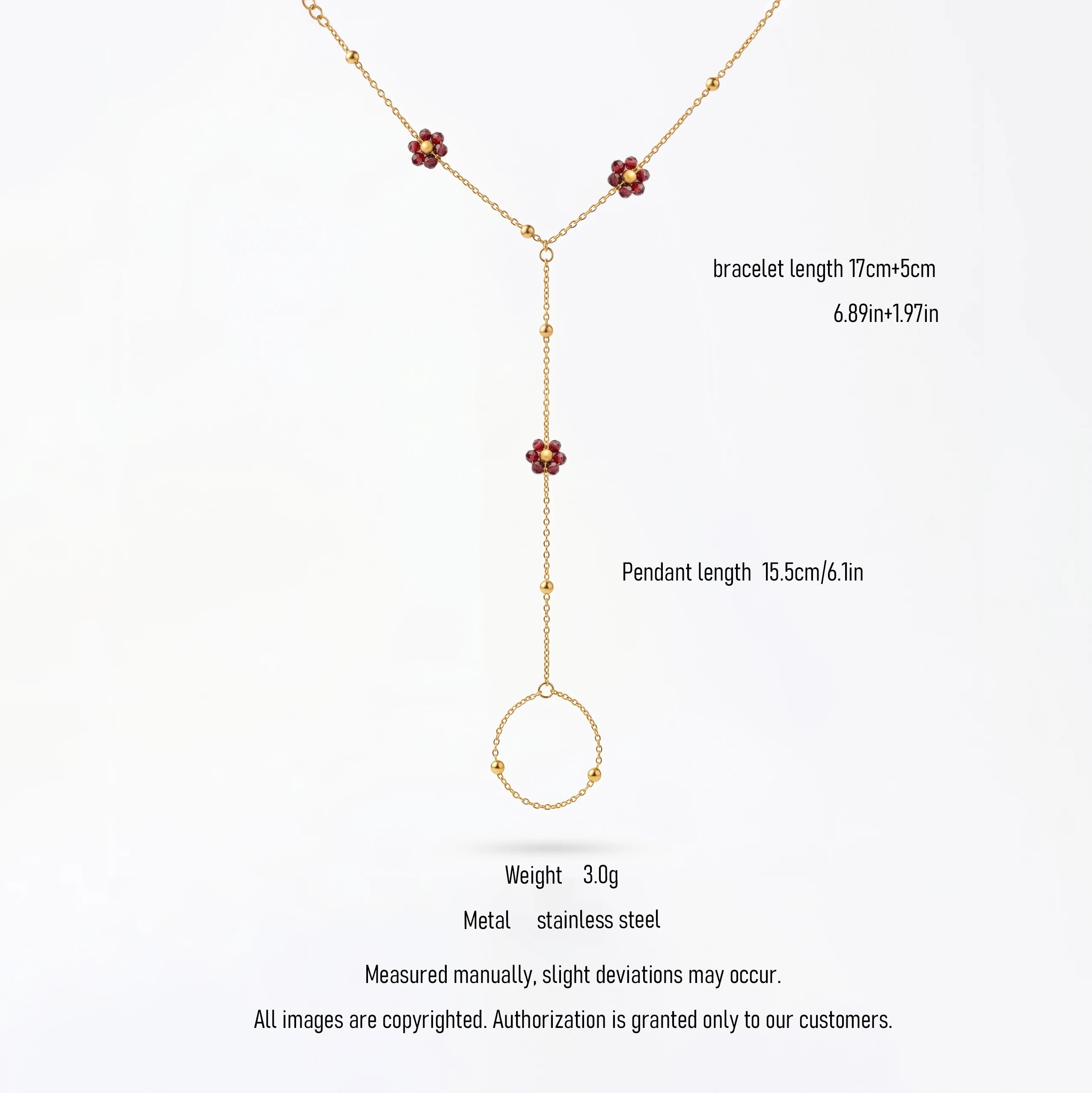 QIAOREN 10763 Dainty Red Beaded Flower Stainless Steel Finger Chain Bracelet Hand Chain for Summer