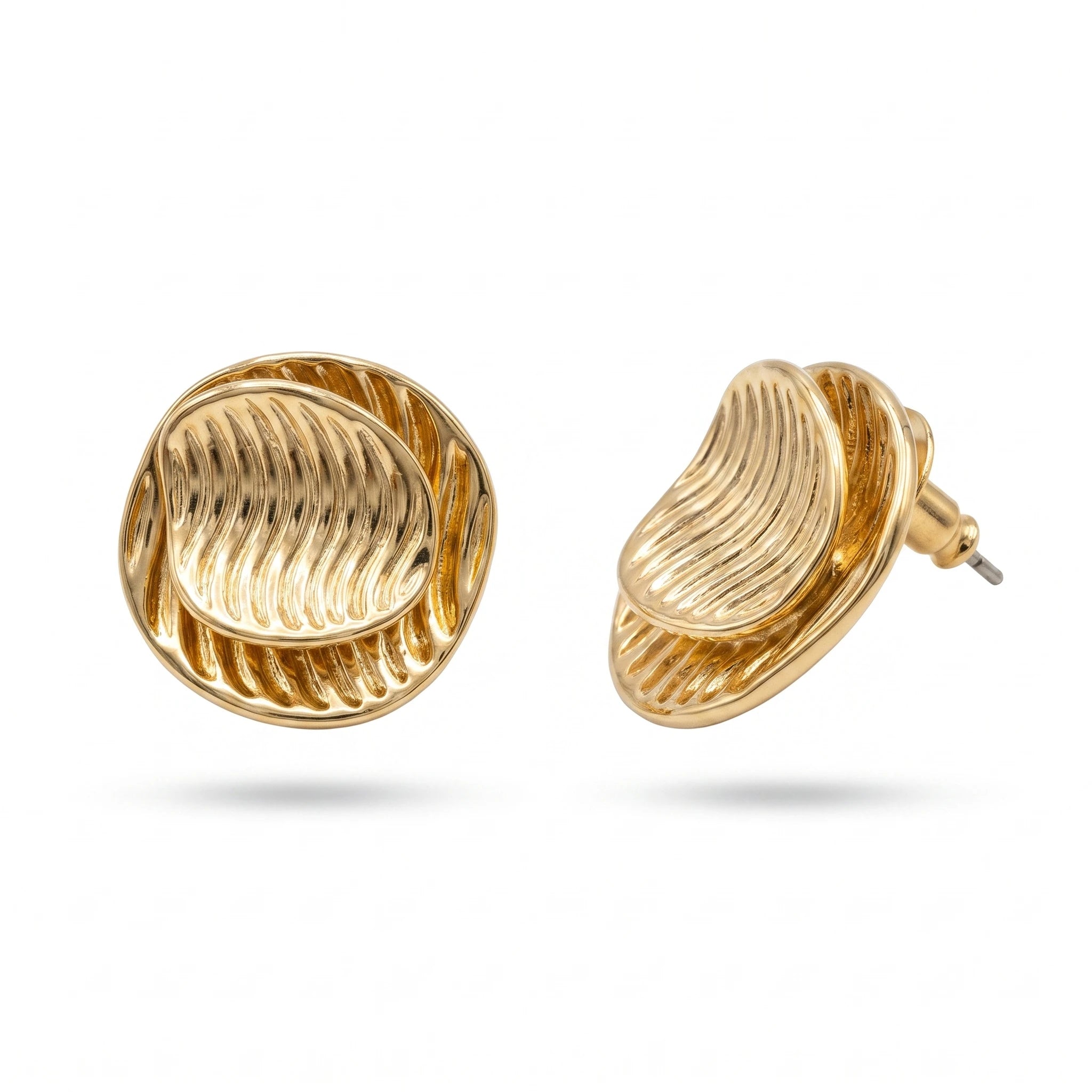 QIAOREN 14552 Double Layer Wavy Ridged Disc Stud Earrings, Textured Stacked Gold Tone Sculptural Earrings