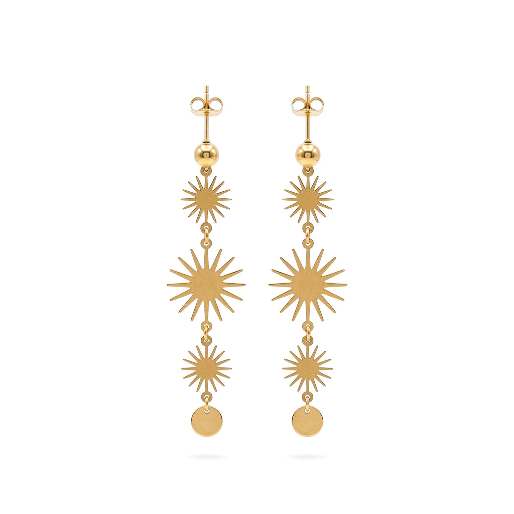 QIAOREN 11791 Trendy Boho Celestial Sunburst Long Dangle Earrings Stainless Steel 18K Gold Plated Jewelry for Women US EU