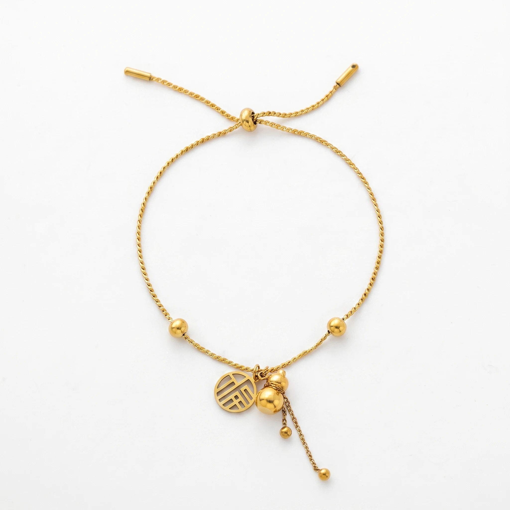 QIAOREN 13299 National Wind Lucky Bracelet 18K Gold Stainless Steel Fu Character Gourd Pendant Adjustable Slider Pull Wire Bead