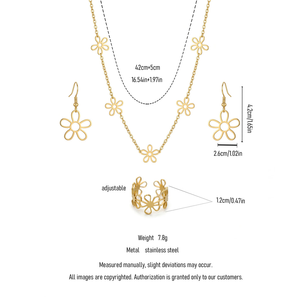 QIAOREN 11571 18K Gold Plated Stainless Steel Hollow Daisy Jewelry Set, 3 Piece Necklace Earrings Ring Set for Women Summer Wear