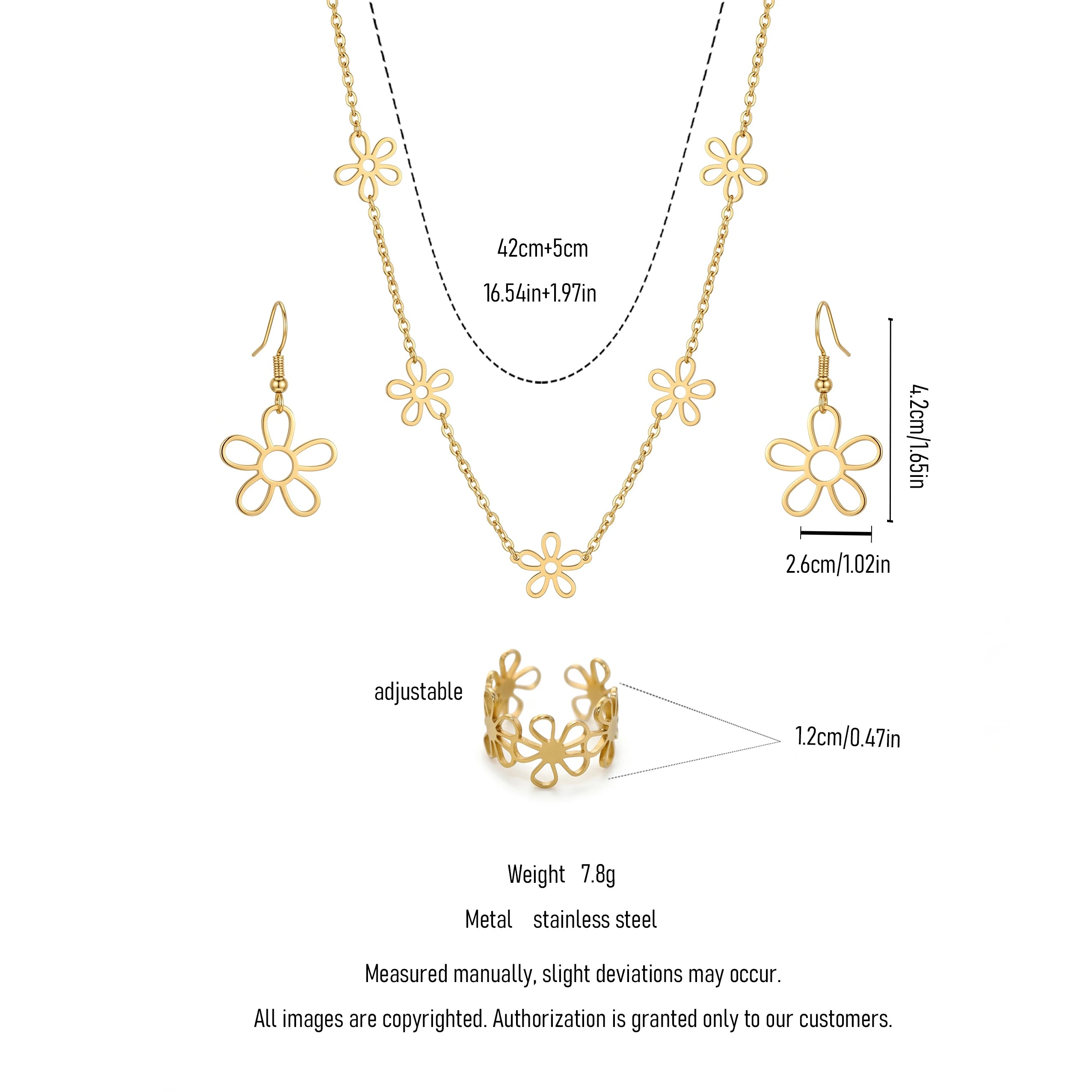 QIAOREN 11571 18K Gold Plated Stainless Steel Hollow Daisy Jewelry Set, 3 Piece Necklace Earrings Ring Set for Women Summer Wear