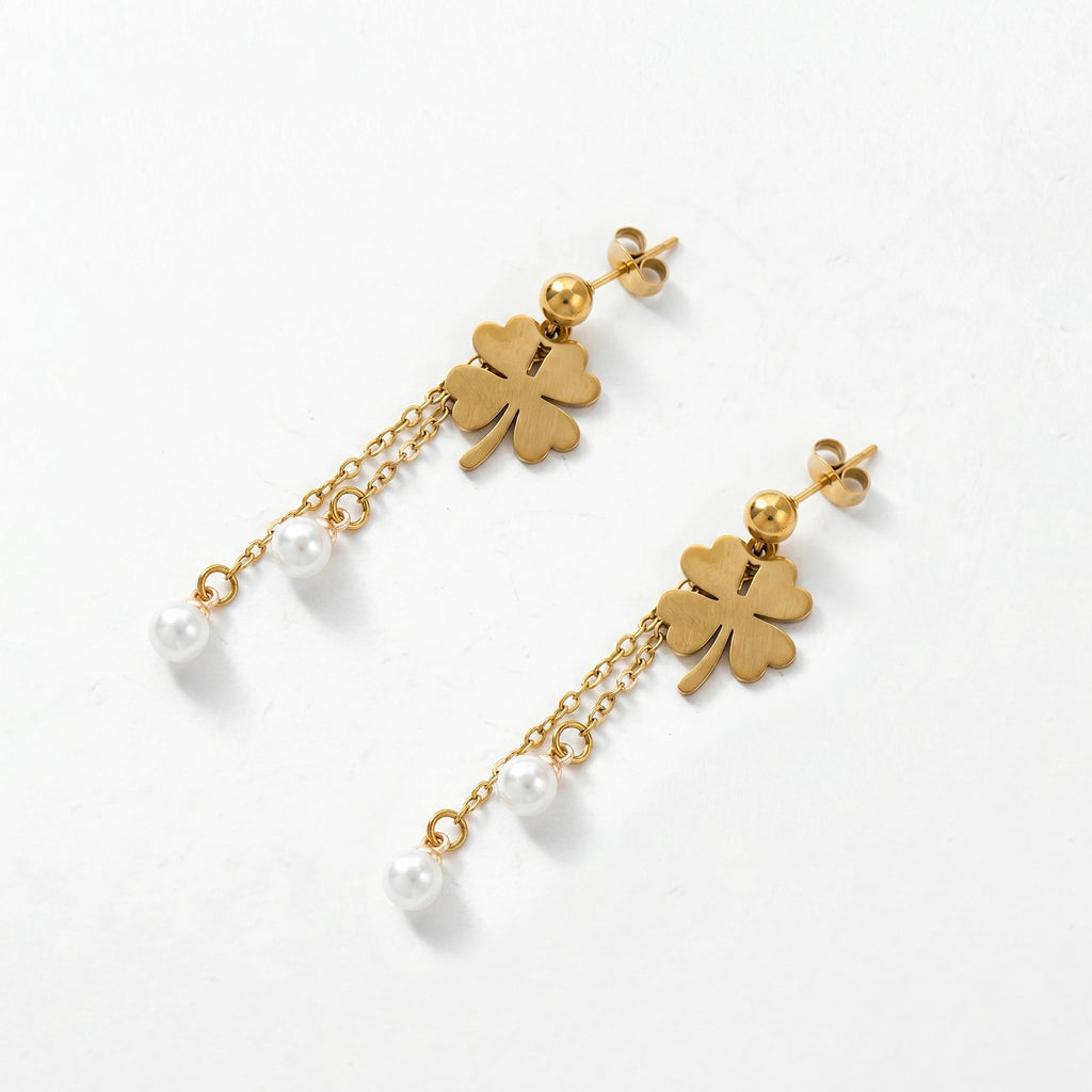 QIAOREN11784 18K Gold Plated Stainless Steel Four Leaf Clover Earrings with Double Pearl Tassel Drop