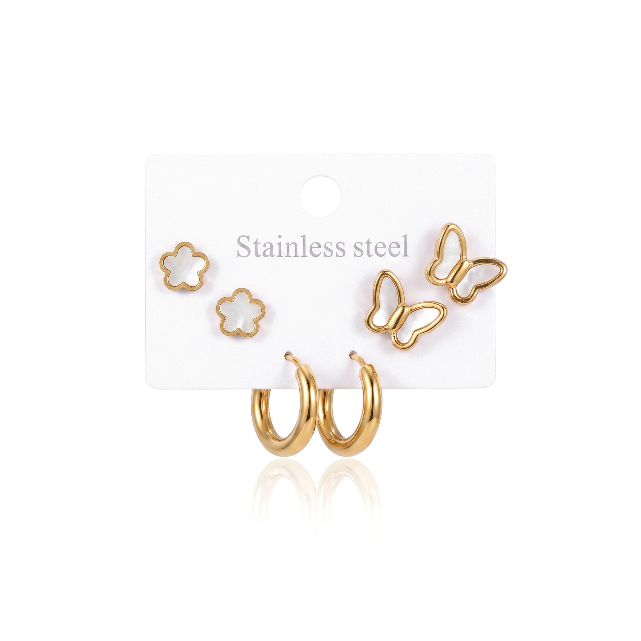 QIAOREN 14473 3 Pair Gold Stainless Steel Earrings Set, Quartz Inlay Flower Studs, Shell Butterfly Studs & Smooth Huggie Hoops