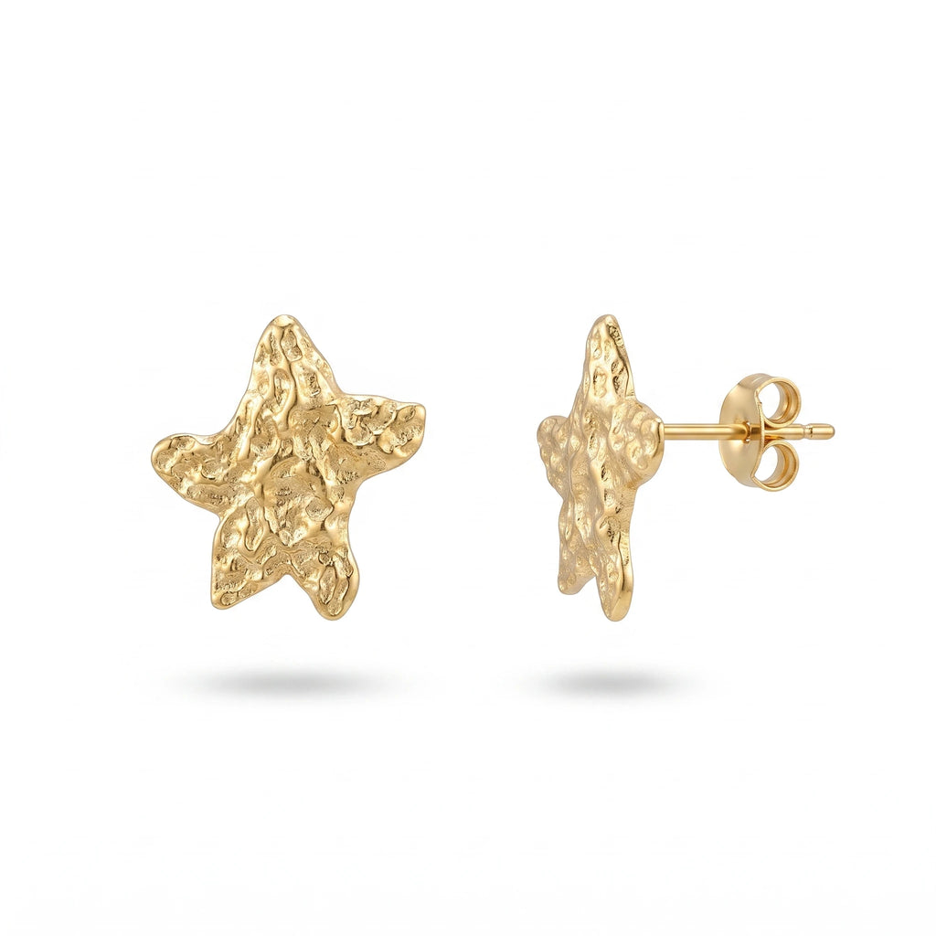 QIAOREN 14027 Matte Gold Hammered Textured Five Point Star Stud Earrings, Irregular Crinkle Surface Star Ear Stud Jewelry Gift