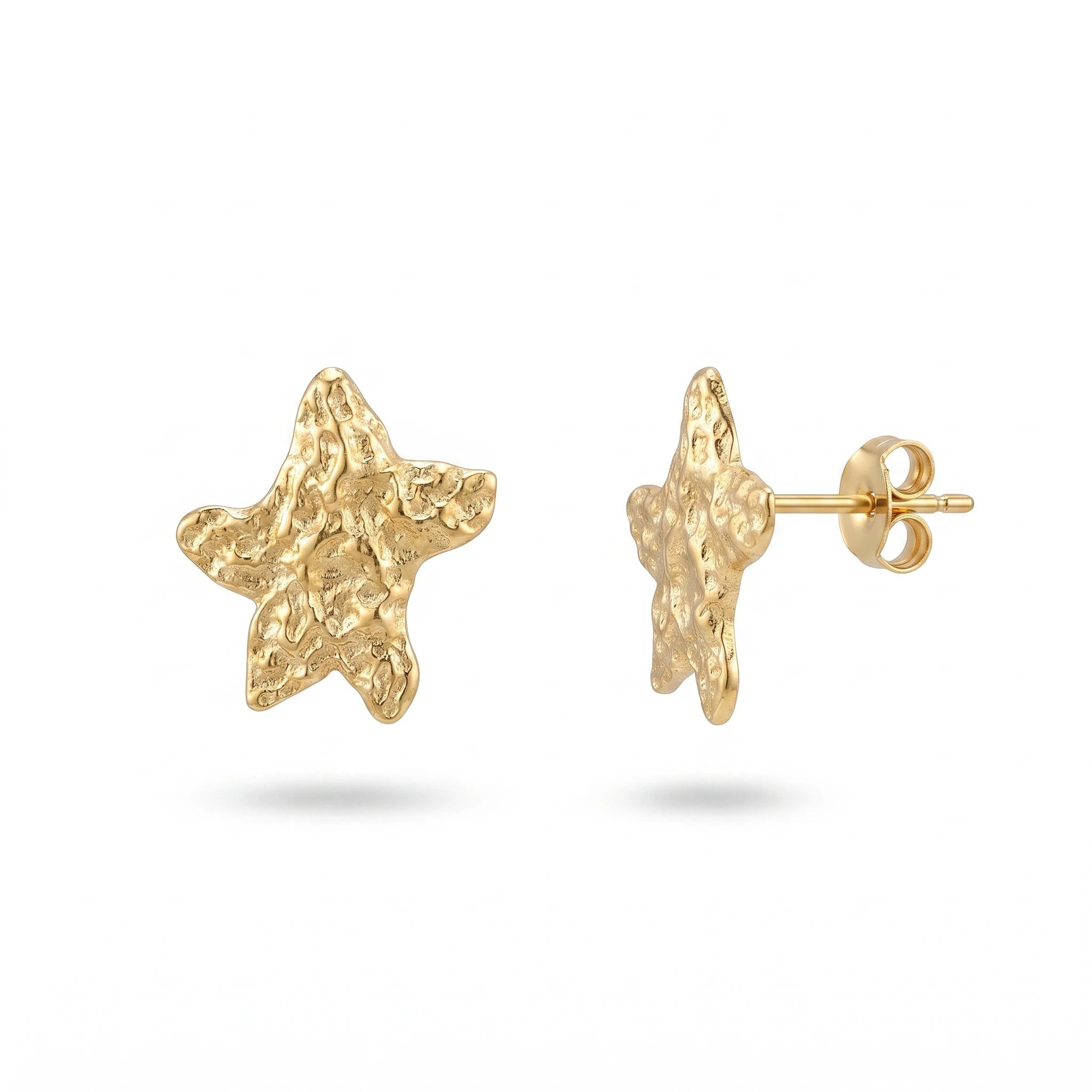 QIAOREN 14027 Matte Gold Hammered Textured Five Point Star Stud Earrings, Irregular Crinkle Surface Star Ear Stud Jewelry Gift